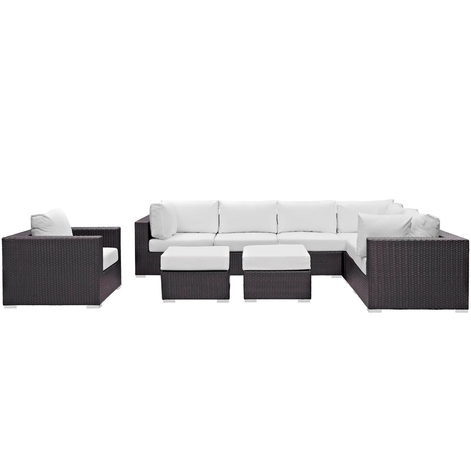 Lounge Sectional Sofa Table Set, White, Rattan, Wicker, Outdoor Patio Balcony Cafe Bistro Garden Hospitality Restaurant, Modern Contemporary HB32903