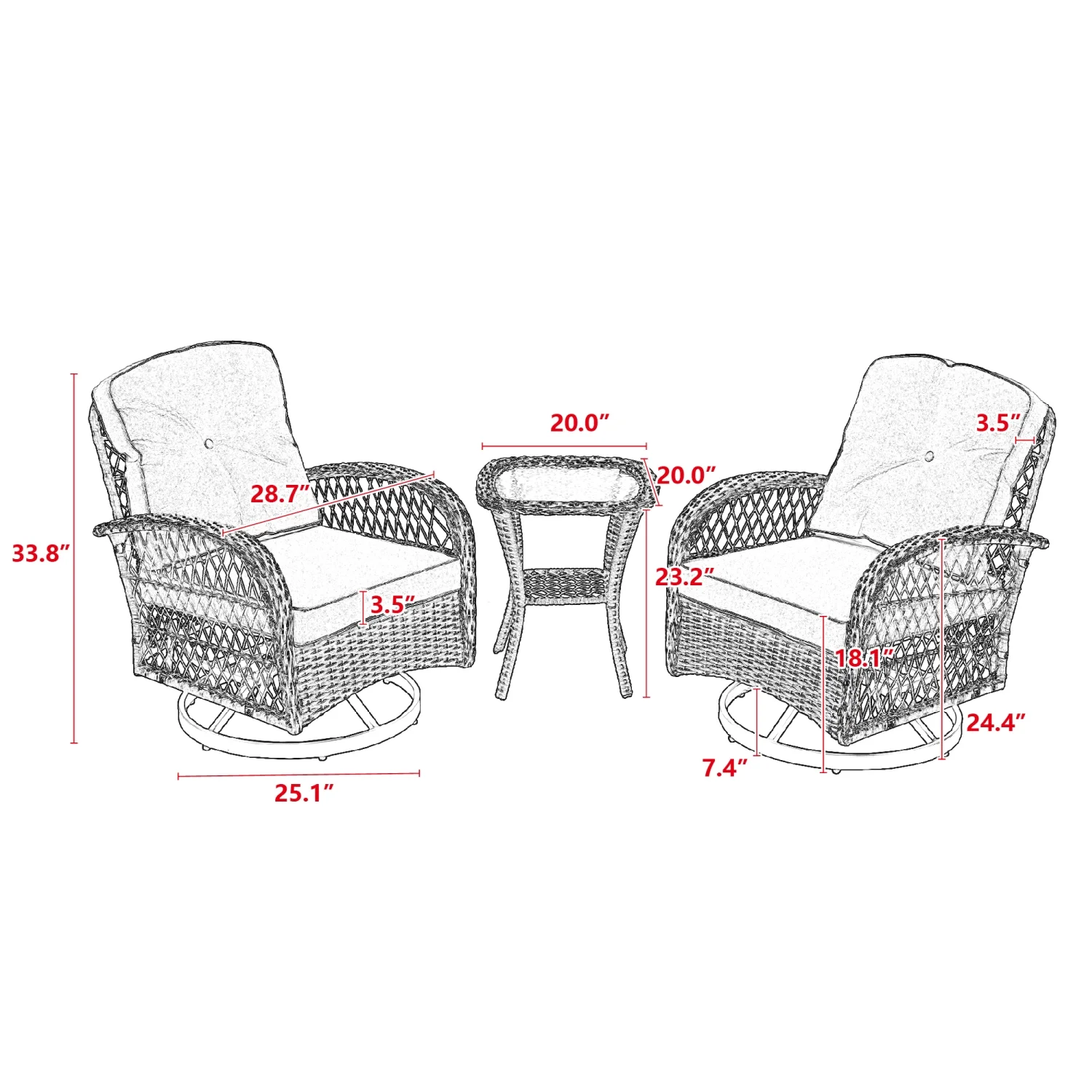 Thickened Cushioned Outdoor Swivel Rocker Patio Chairs Set with 360 Degree Rocking Action  3-Piece Grey Conversation Set Including Glass Coffee Table for Backyard Entertaining and Relaxat