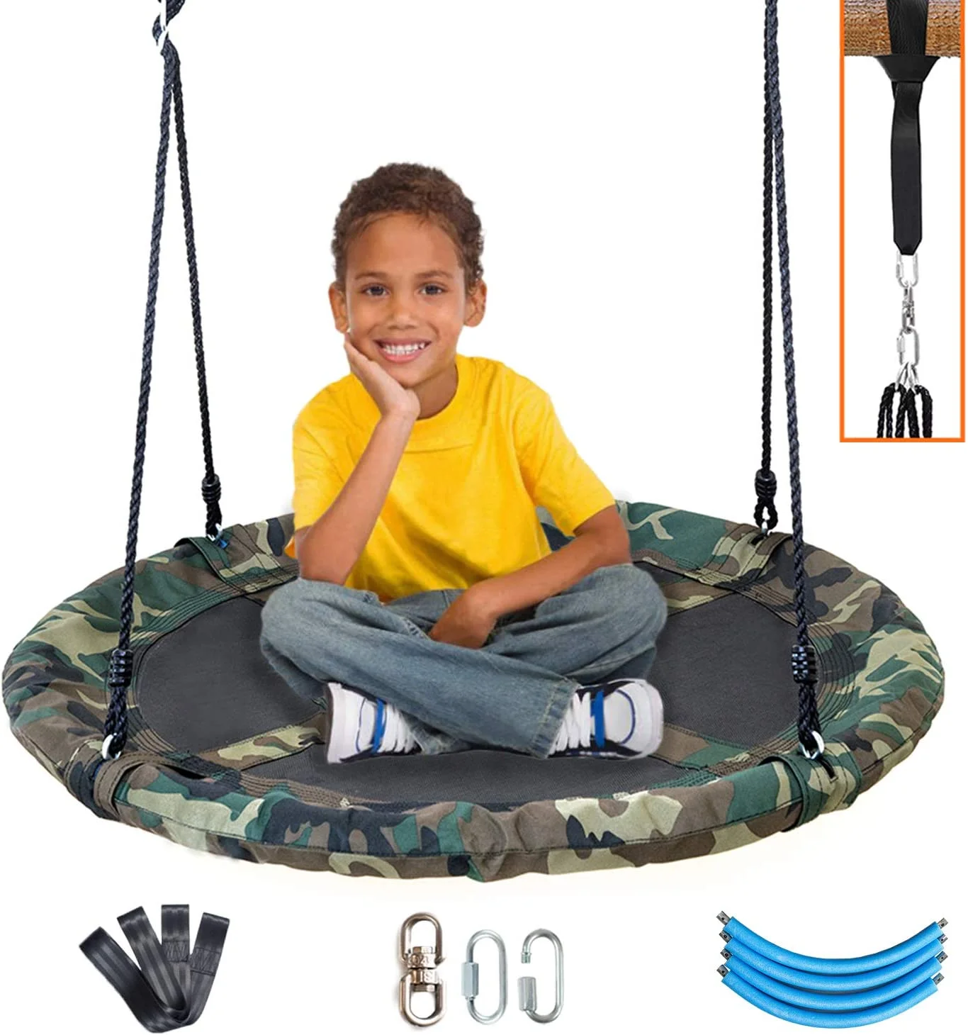 Round Outdoor Saucer Tree Kids Net Swing Set | Detachable 360 Degree Spin Swivel Hanging Hardware | Adjustable 71