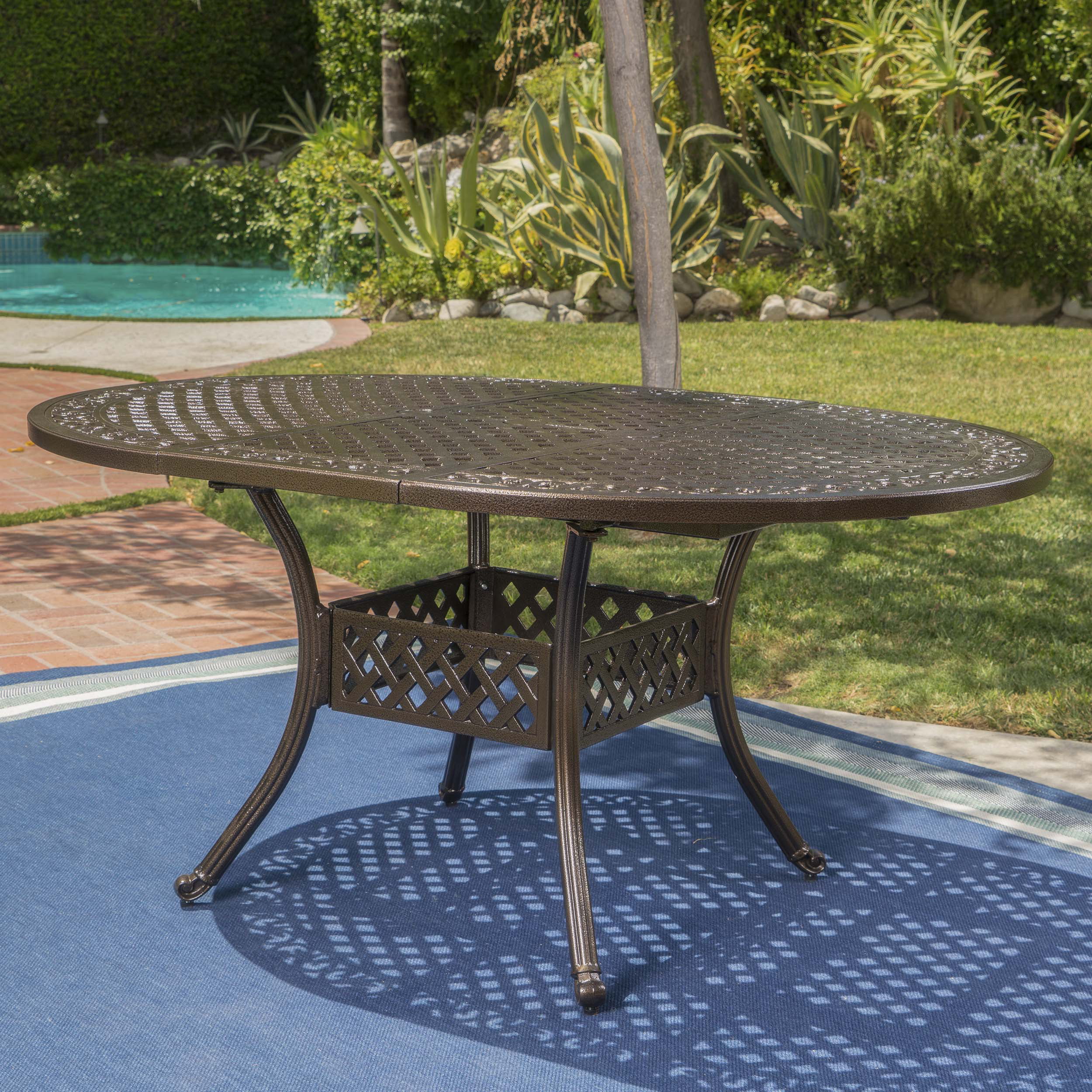 Andria Outdoor 5 Piece Aluminum Dining Set with Expandable Dining Table, Hammered Bronze