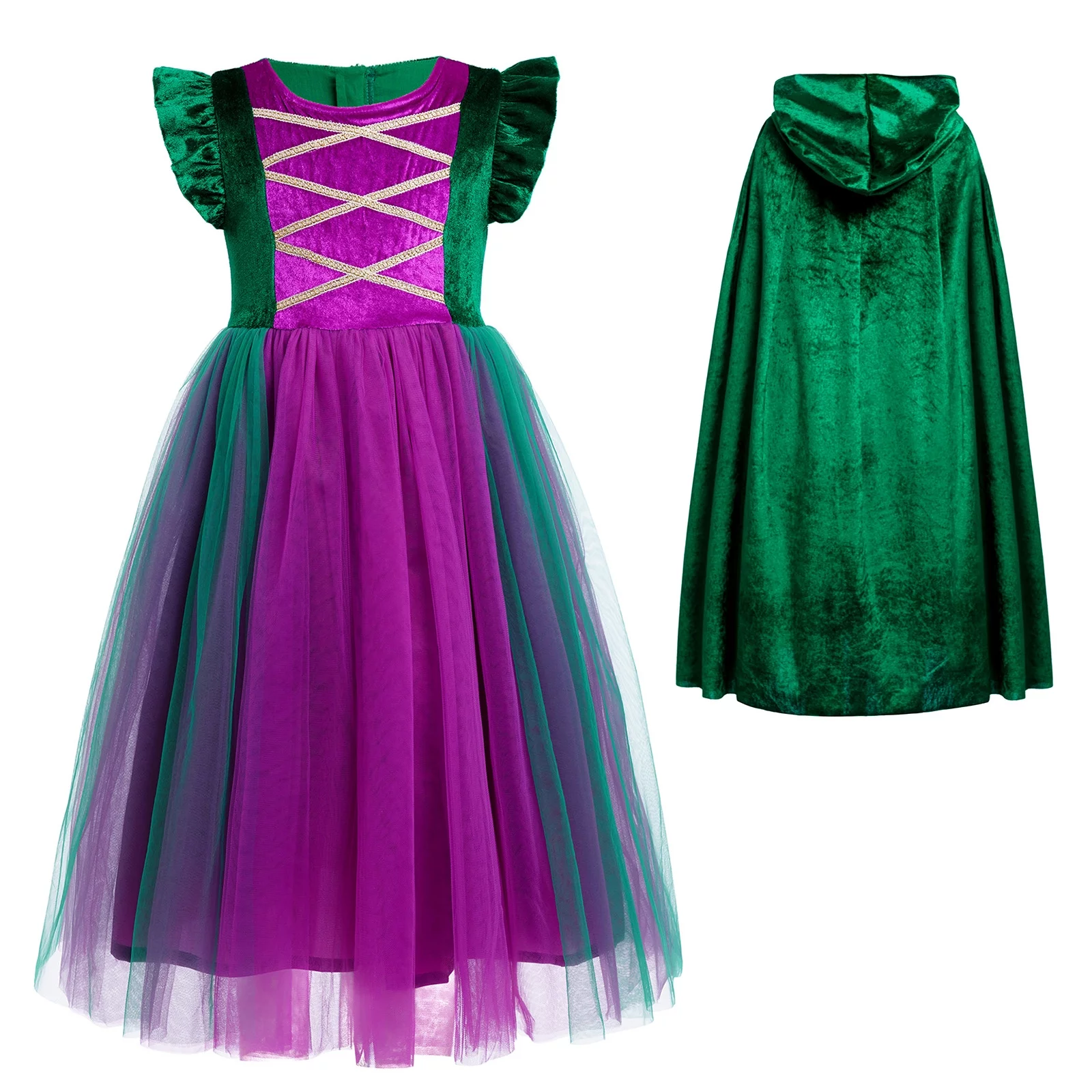 IDOPIP Halloween Costume for Girls Kids Witch Dress with Cape Wig Halloween Sanderson Sister Witch Fancy Dress up Cosplay Suits Role Play Outfits Set 11-12 Years Green