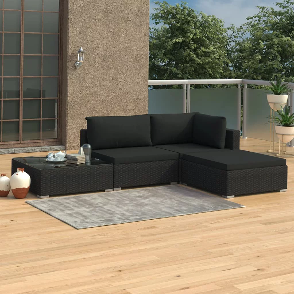 Andoer 4 Piece Garden Set with Cushions Poly Rattan Black