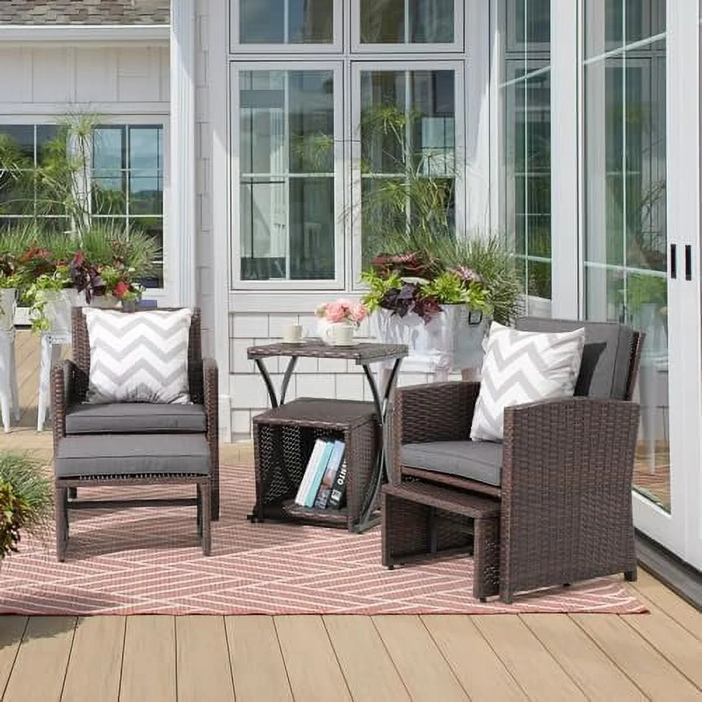 LNSETGC 6 Piece Patio Wicker  Set  Balcony All Weather Rattan Chair  with Space Saving Ottoman  Resin Nesting Coffee Table  Modern Design  Dark Grey