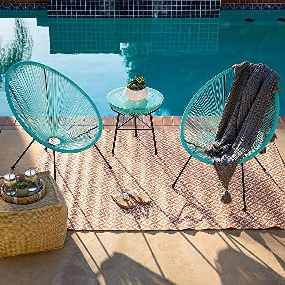 GVJMTKP 3-Piece Outdoor Acapulco All-Weather Patio Conversation  w/Plastic Rope  Glass Top Table and 2 Chairs - Black