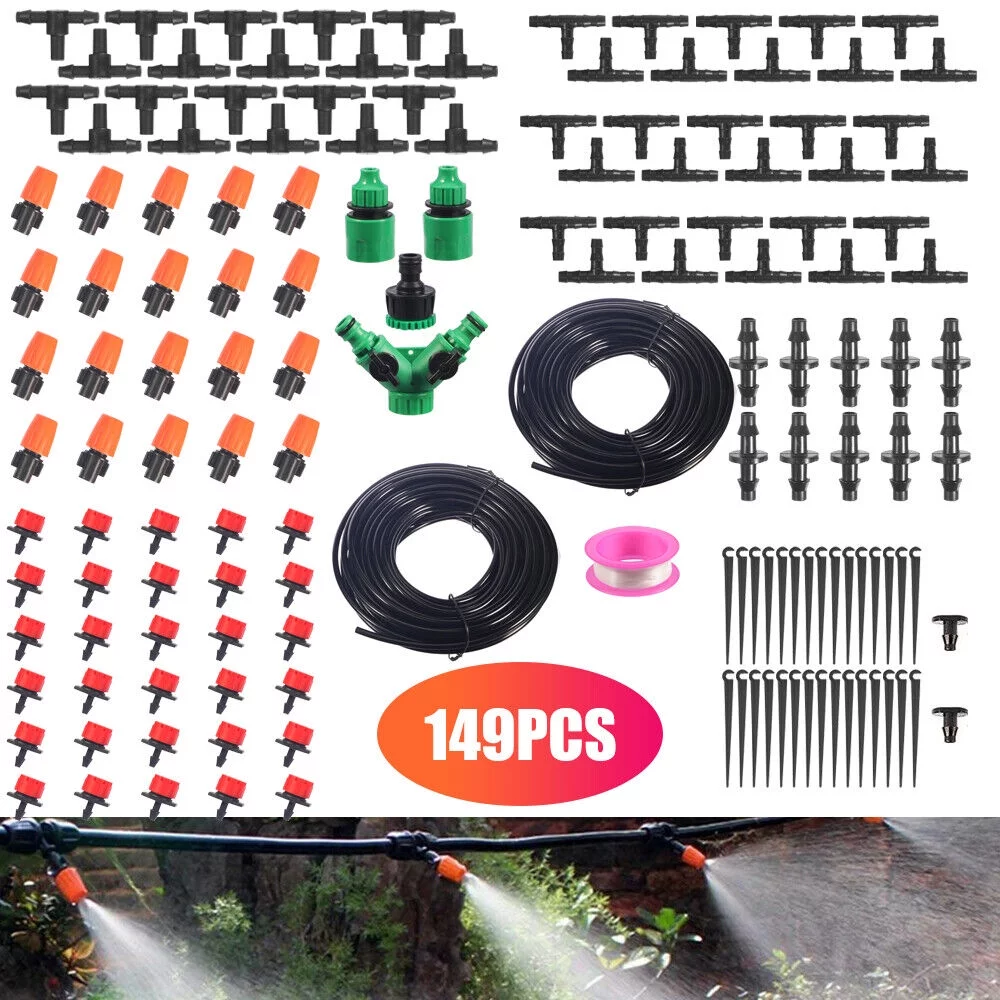 USA 130FT Auto 149pcs Drip Irrigation Kit Timer Micro Sprinkler Garden Watering