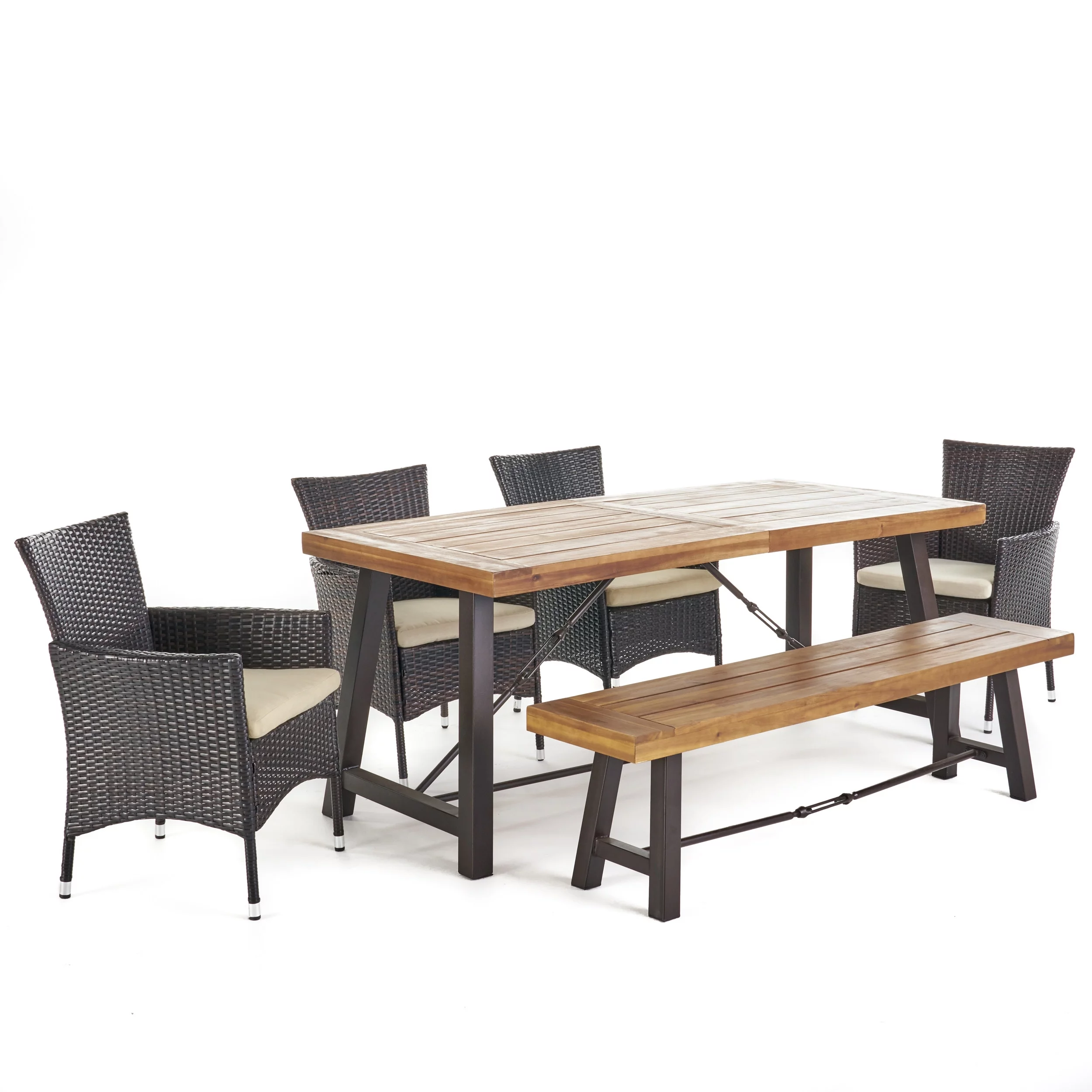 Latona Outdoor Acacia Wood and Wicker 6 Piece Dining Set with Bench, Teak, Multibrown, and Cream