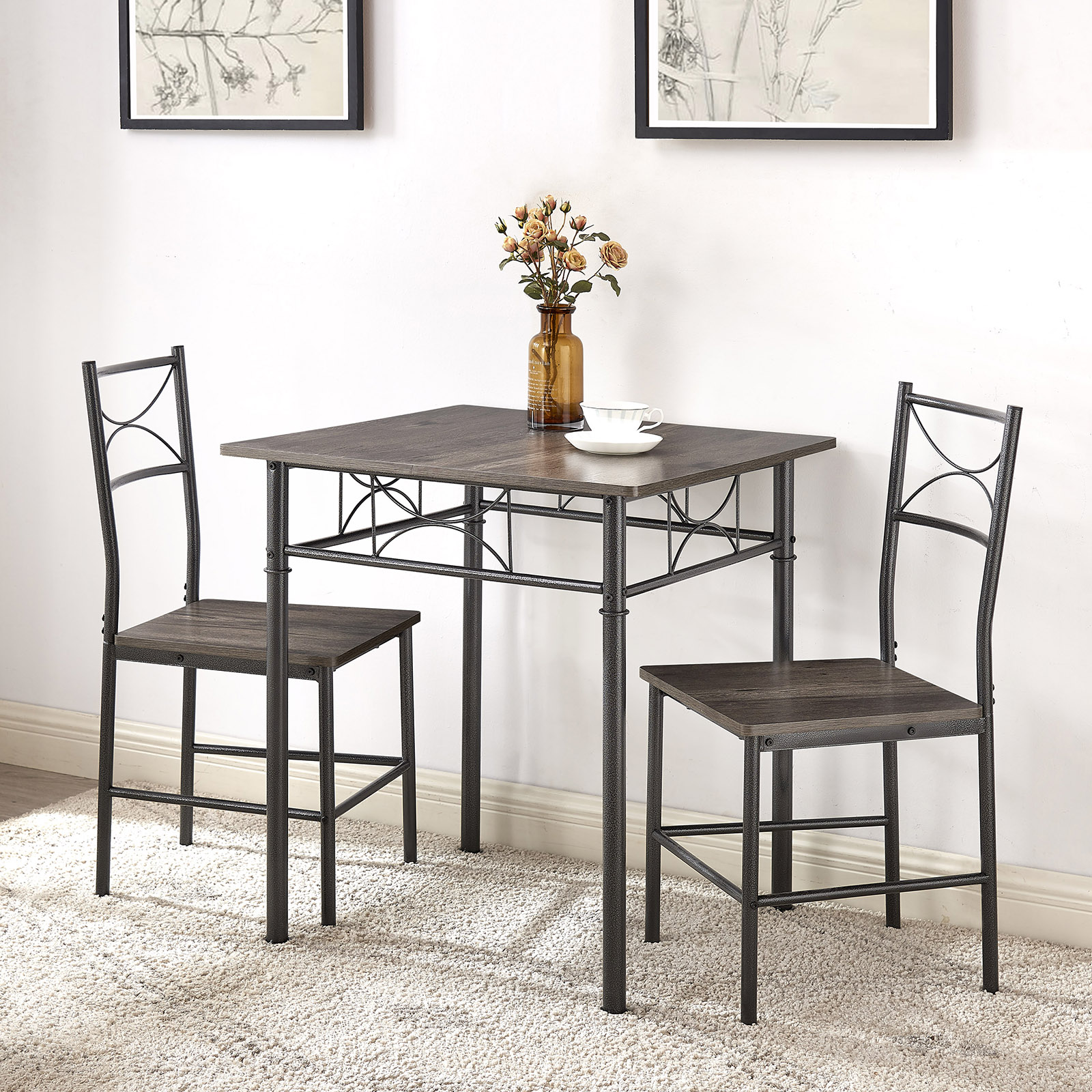 Three-piece kitchen and dining table set, made of particleboard wood and sturdy steel support frame, gray chair