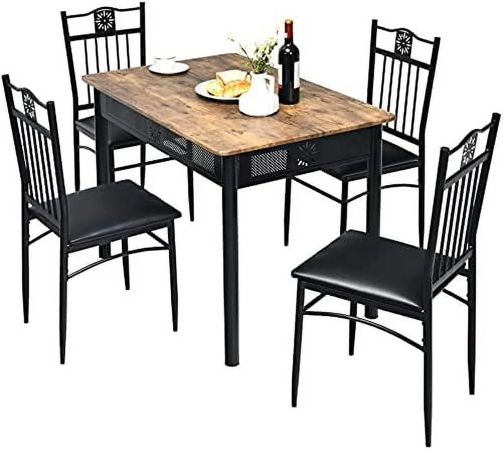 YPDCHB 5 Pieces Dining Table and Chairs Set  Vintage Retro Wood Top Metal Frame Padded Seat Dining Table Set Home Kitchen Dining Room
