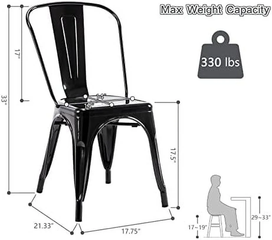 TJUNBOLIFE  18 Inch Metal Dining Chair  Indoor Outdoor Patio Chair with Rustless  Stackable Chair for Restaurant Dining Room Chair Set of 4 (Black)