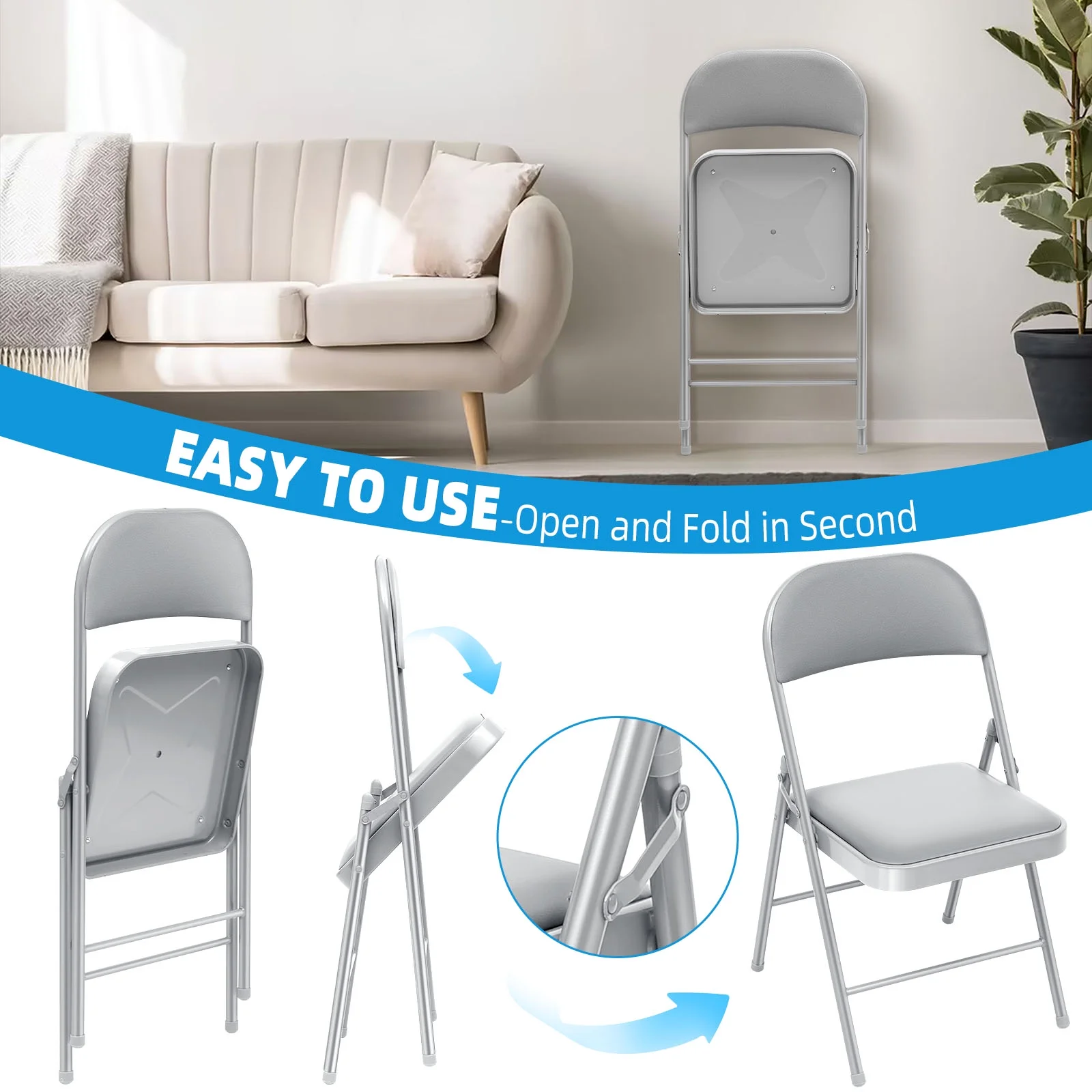 HONGGE Folding Chairs with Padded Seats, Metal Frame with Vinyl Seat & Back, Capacity 350 lbs, Gray, Set of 4