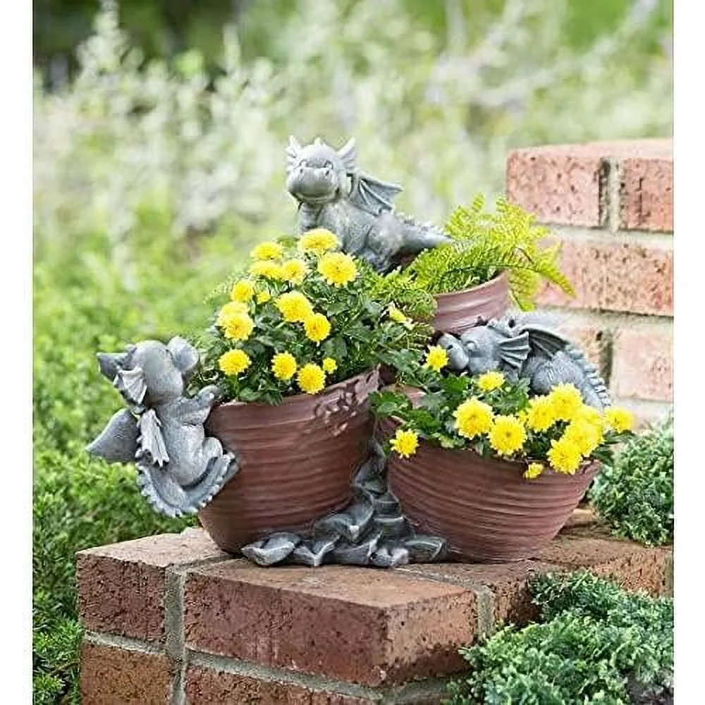 Long By 13.25-Inch Wide By 11.75-Inch Tall Indoor/Outdoor Planter With Three 5.5-Inch Diameter Flower Pots Visited By Three Adorable Baby Dragons