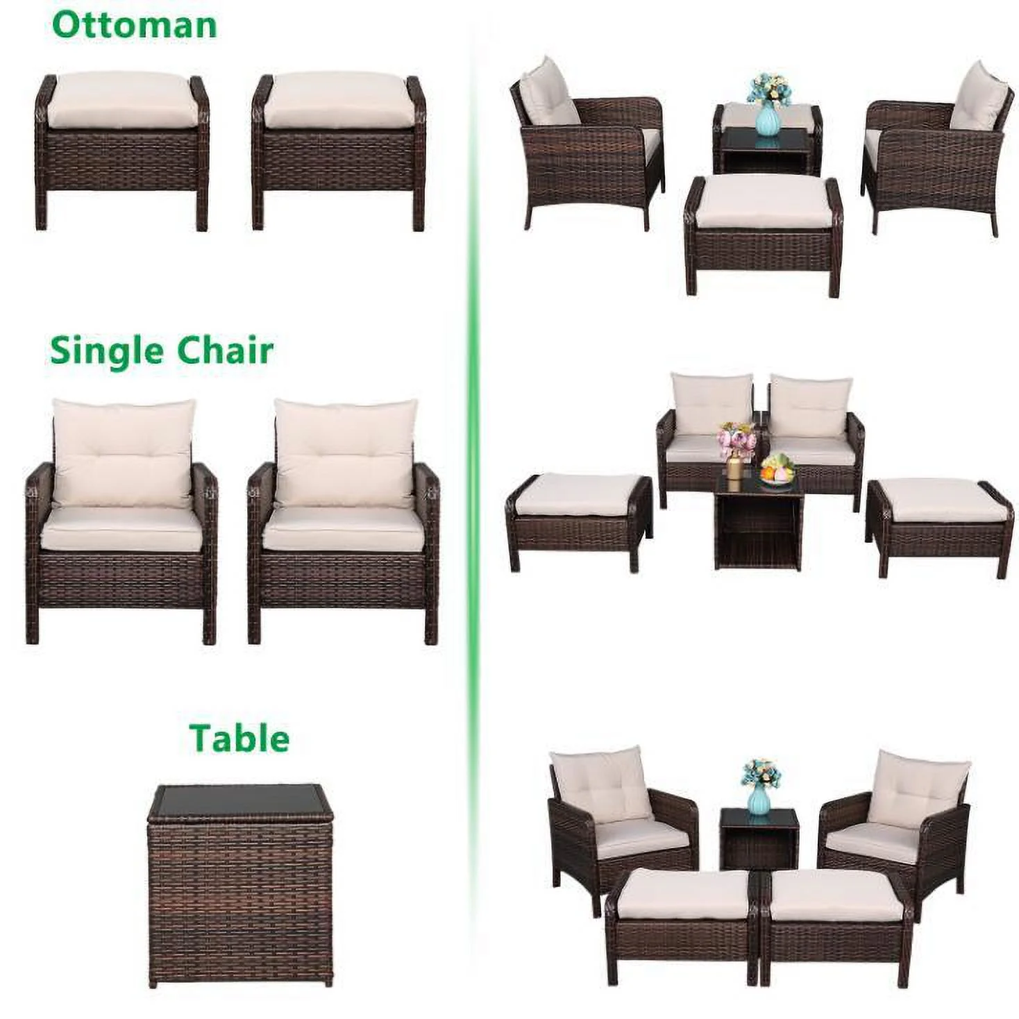 5PCS Rattan Set 2pcs Single Sofa 2pcs Footstool &1pc Coffee Table Round Patio