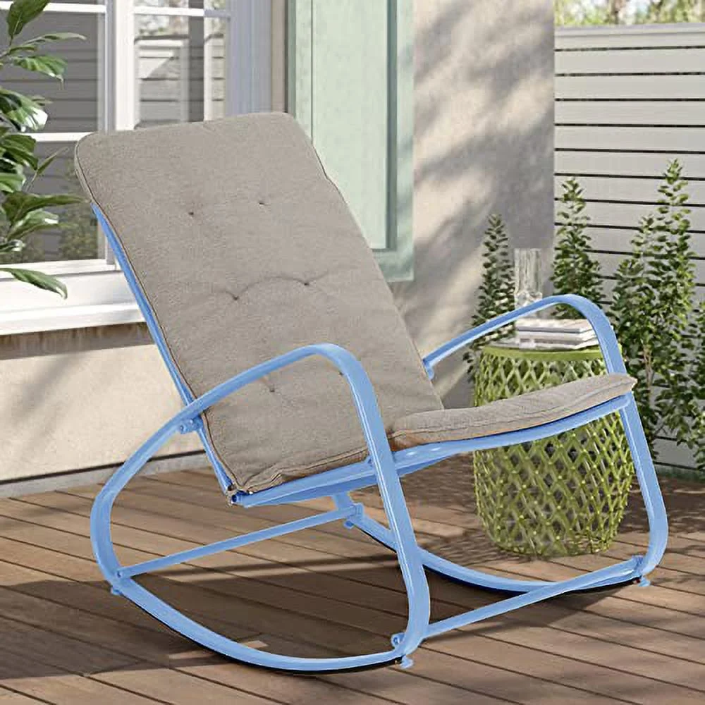 GREEN PARTY Patio Rocking Chair, Steel Porch Rocker Chairs with Removable Cushion for Both Indoor and Outdoor, Blue (Up to 300 Lbs)