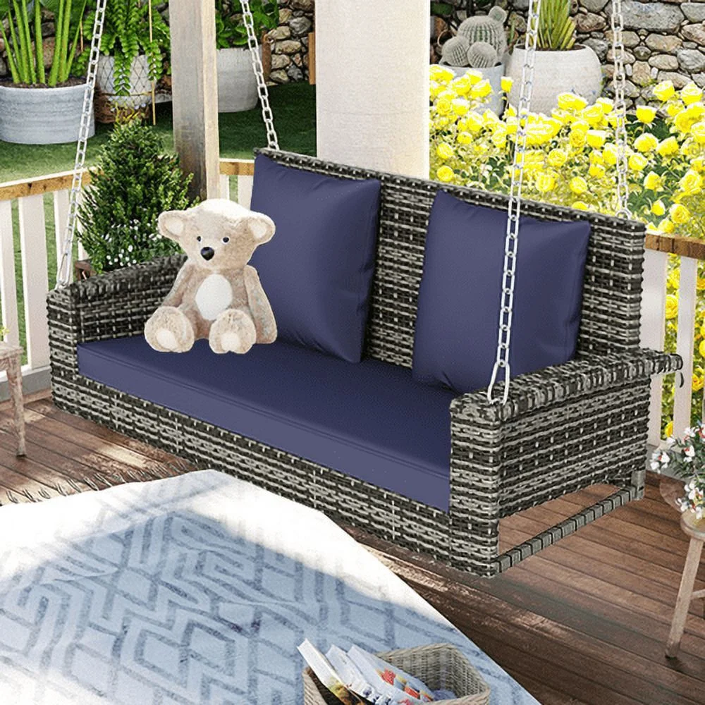 Buumin GO 2-Person Wicker Hanging Porch Swing with Chains, Cushion, Pillow, Rattan Swing Bench for Garden, Backyard, Pond. (Gray Wicker, Blue Cushion)