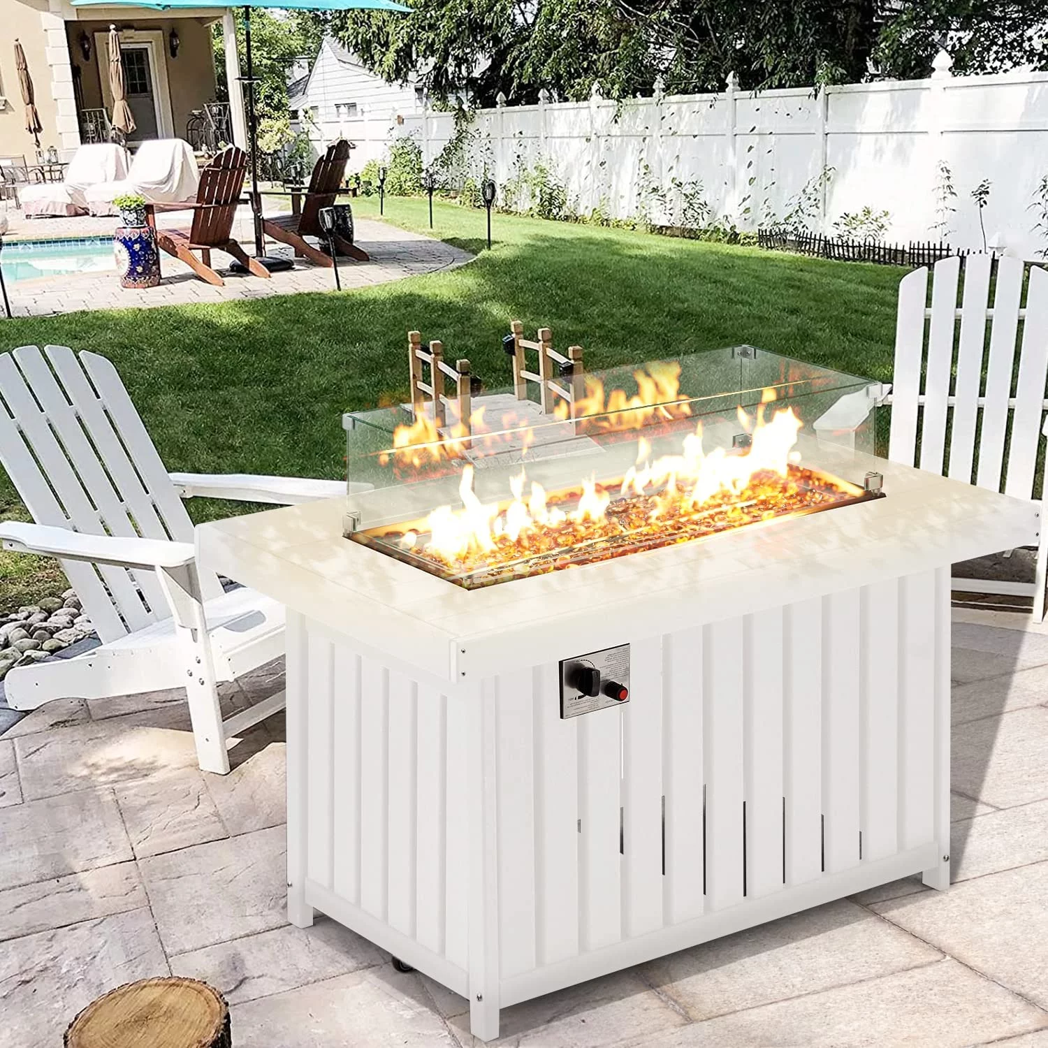 Erommy 43 Inch HDPE Propane Fire Pit Table, 50000 BTU Fire Pits with Lid and Fire Glass, for Deck, Outside Paito, CSA Certification,White