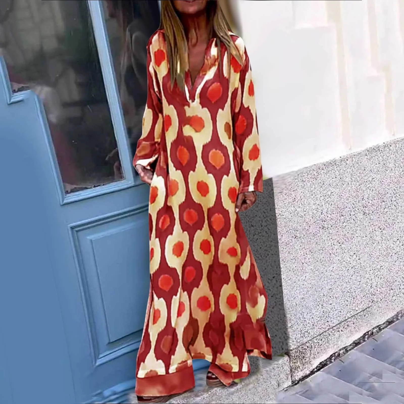 Summer Mini Skirt Long Sleeve Dress For Womens Pleated V Neck Plus Size Tiered Maxi Dress Casual Boho Loose Flowy Beach Maxi Dress Skirting Board