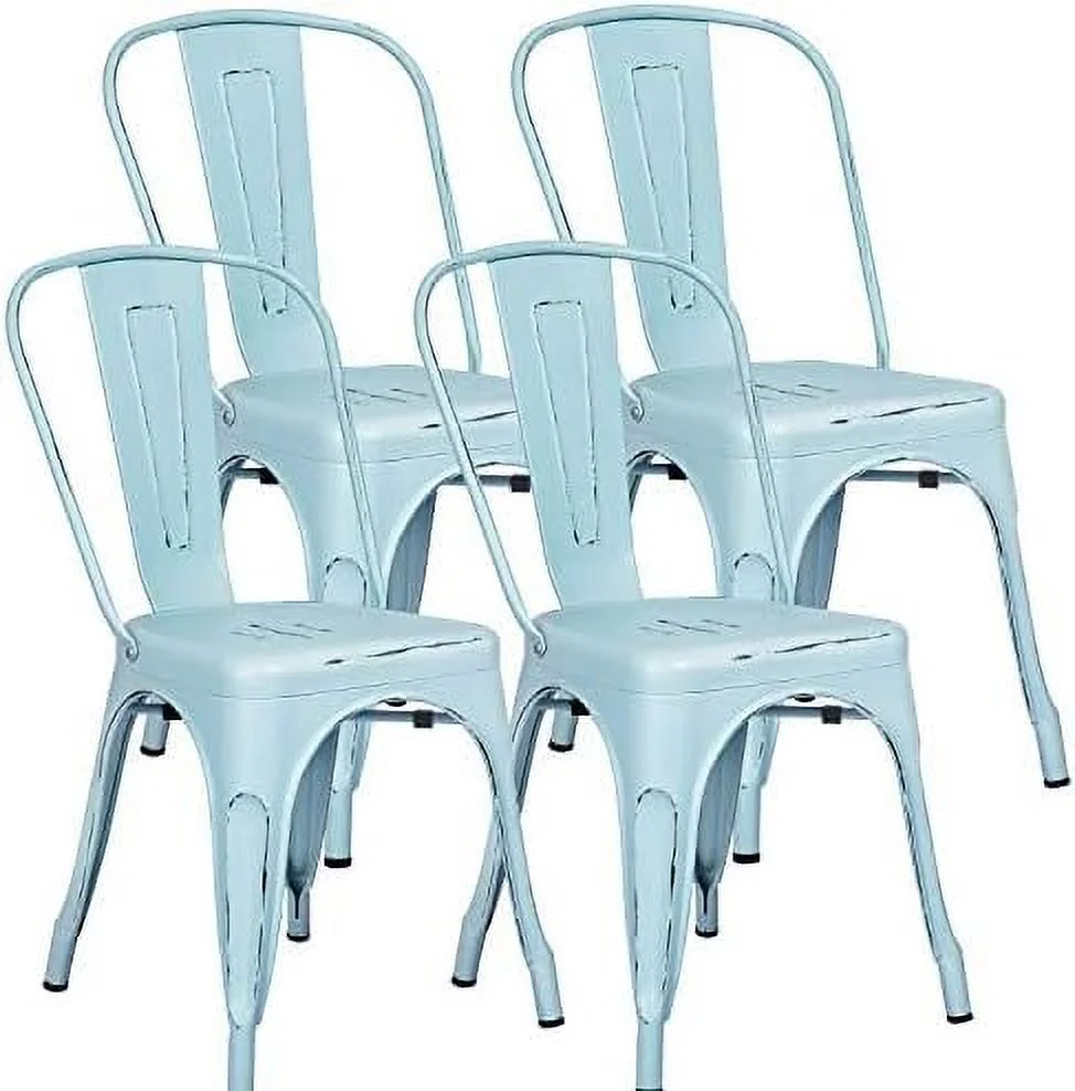 HBLUKDL Metal Indoor-Outdoor Use Stackable Kitchen Trattoria Side Chic Dining Bistro Cafe Chairs with Back Set of 4 (Distressed Blue)