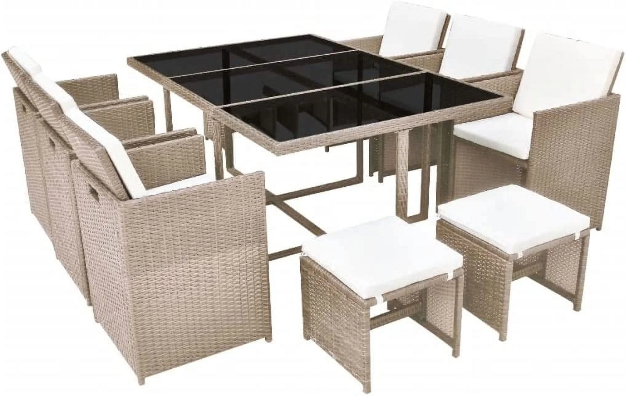 11 Piece Patio Dining Set with Cushions Poly Rattan Beige  with 1 x Table 6 x Chair 4 x Stool 16 x Cushion