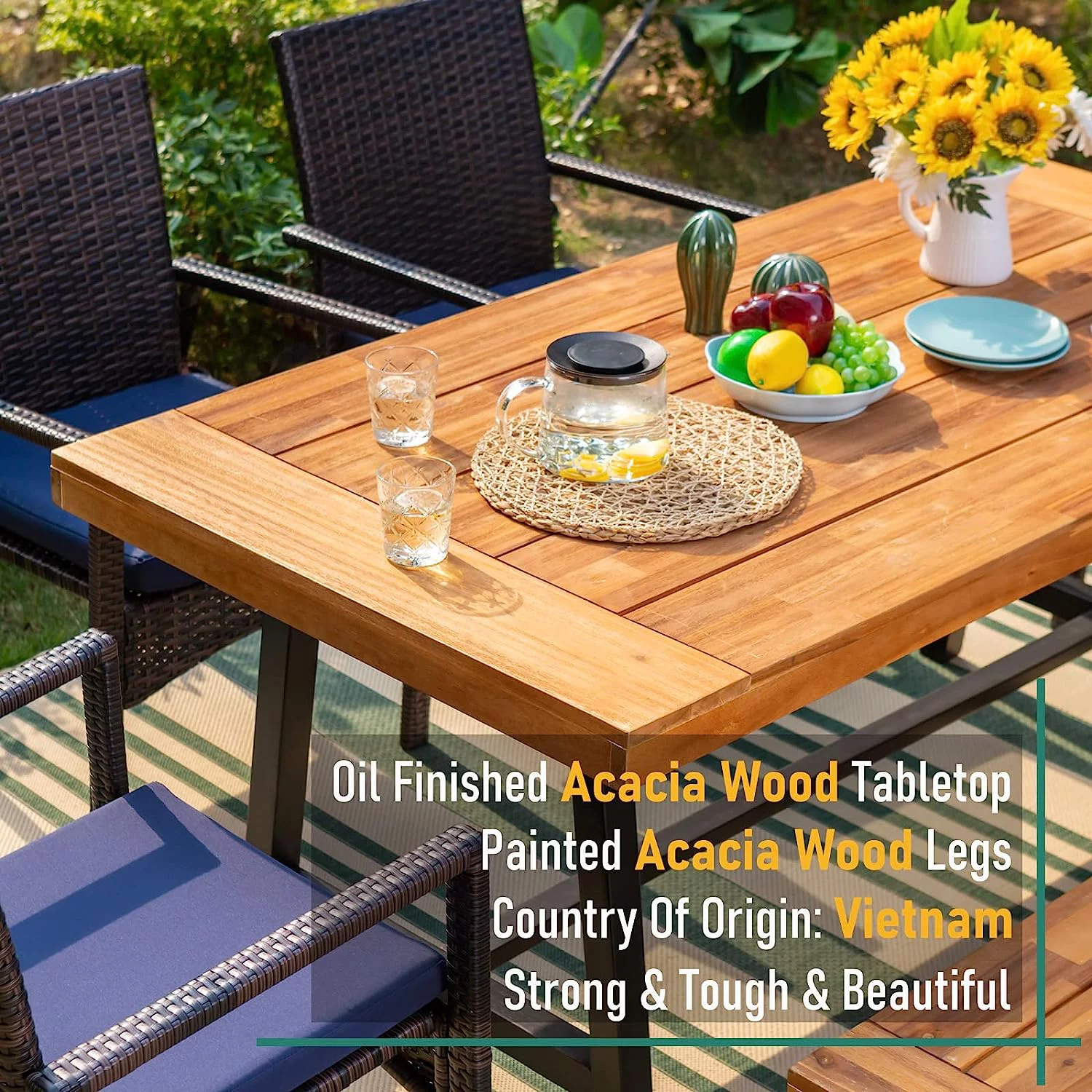 & William 6 Pieces Patio Dining Set for 6  4 PE Rattan Chairs and 1 Rectangular Acacia Wood Table and 1 Bench  Outside Table and Chairs with Cushions  Outdoor Furniture for Decker Yar