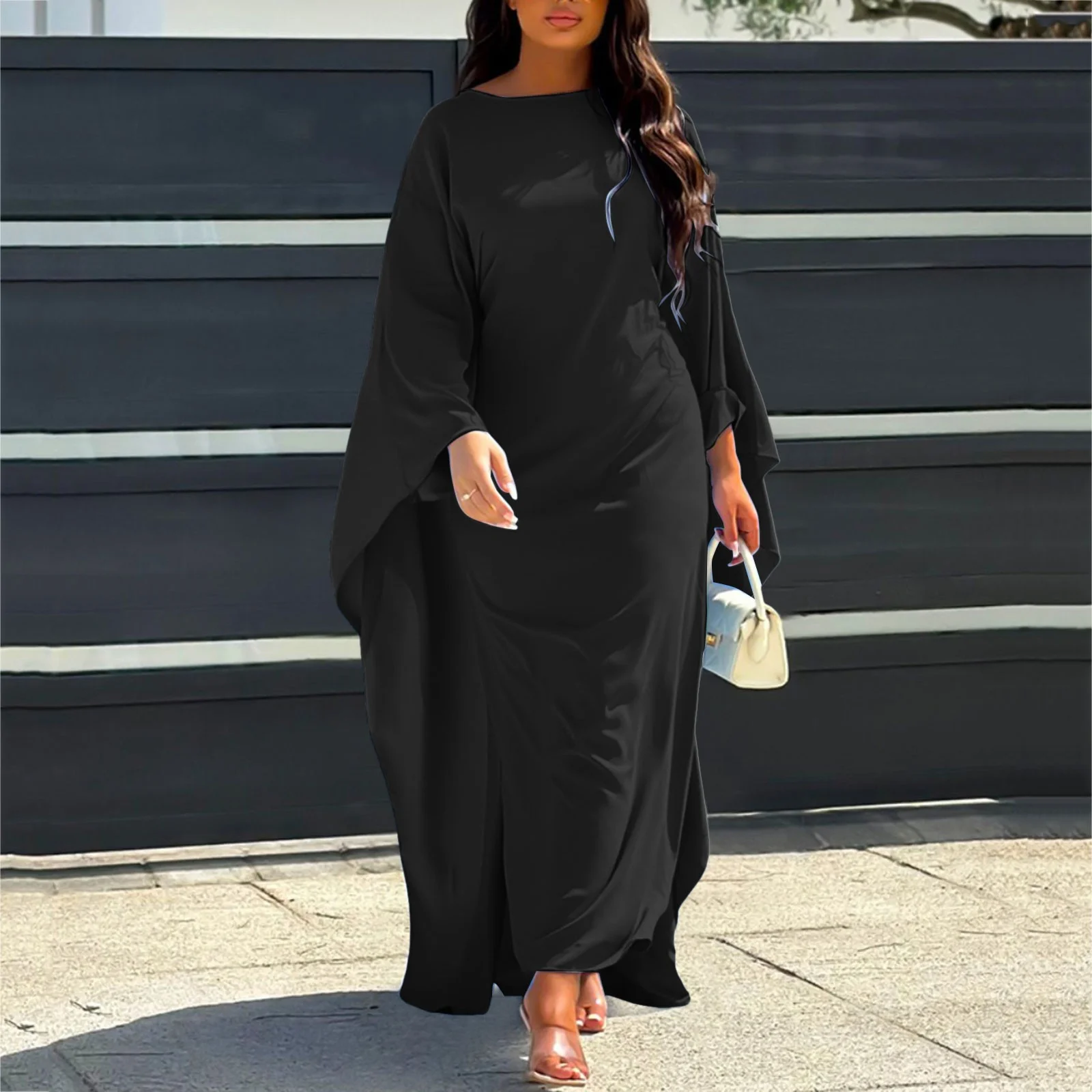 Fashion Satin Party Dress Robe Abaya Women Elegant Solid Round Neck Bat Sleeves Loose Maxi Dress Women