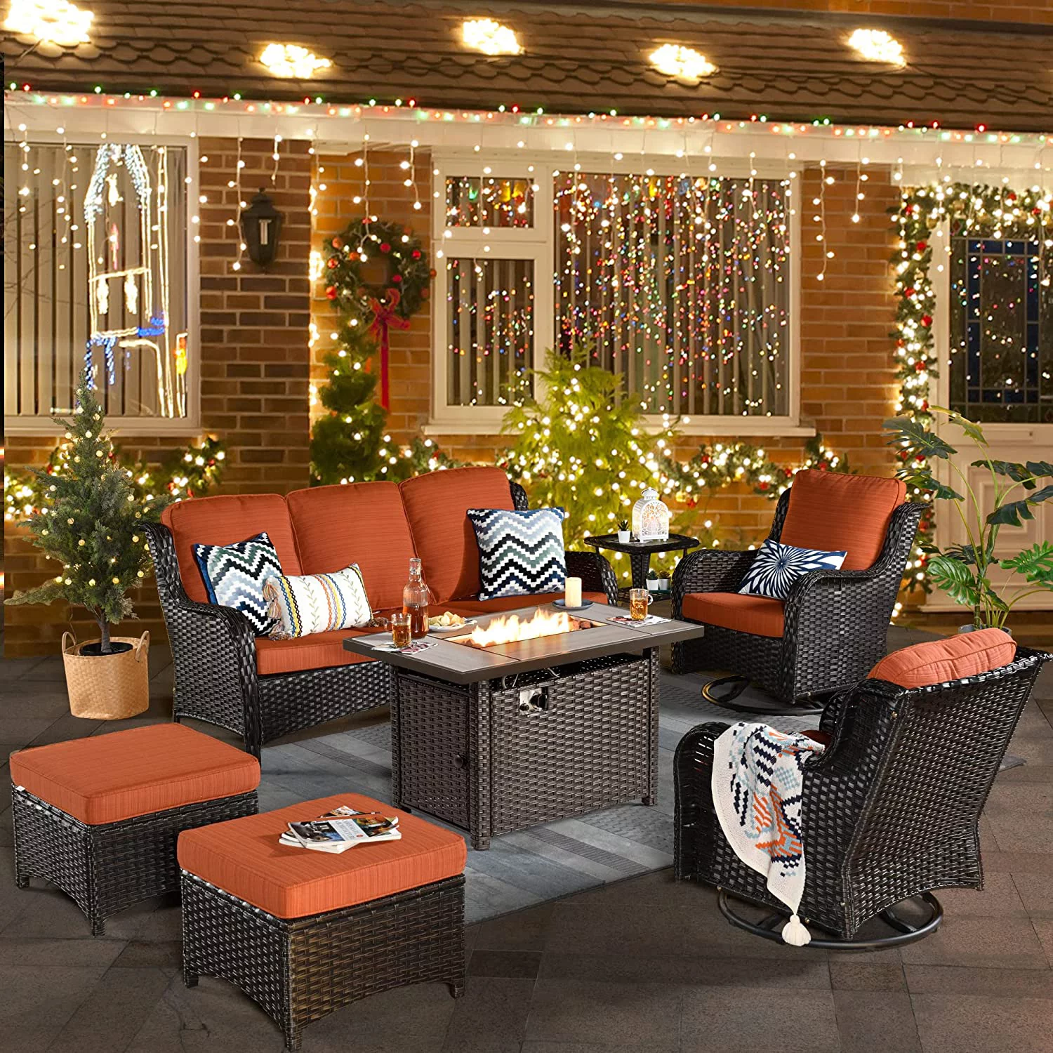 XIZZI  Outdoor Swivel Rocking Chairs with 50 000 BTU Propane Fire Pit Table 7 Pieces All Weather PE Wicker Patio Conversation Sofa and Matching Side Table Brown Rattan Orange Red