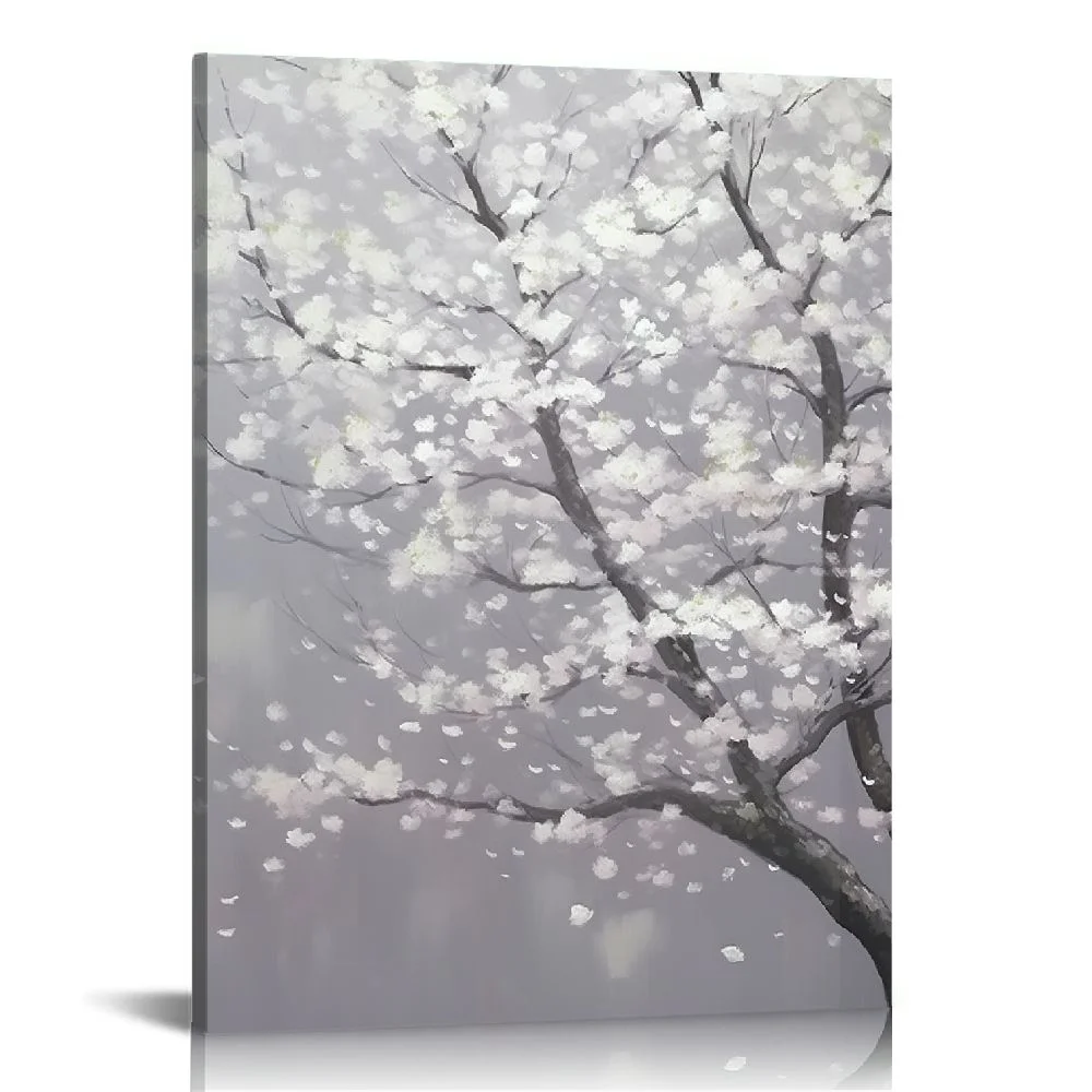 C04-GENYS Flowers Wall Art for Living Room/Cherry Blossom Wall Art Bedroom/White Floral Plum Wall Decoration/Canvas Prints Artwork Framed Wall Decor