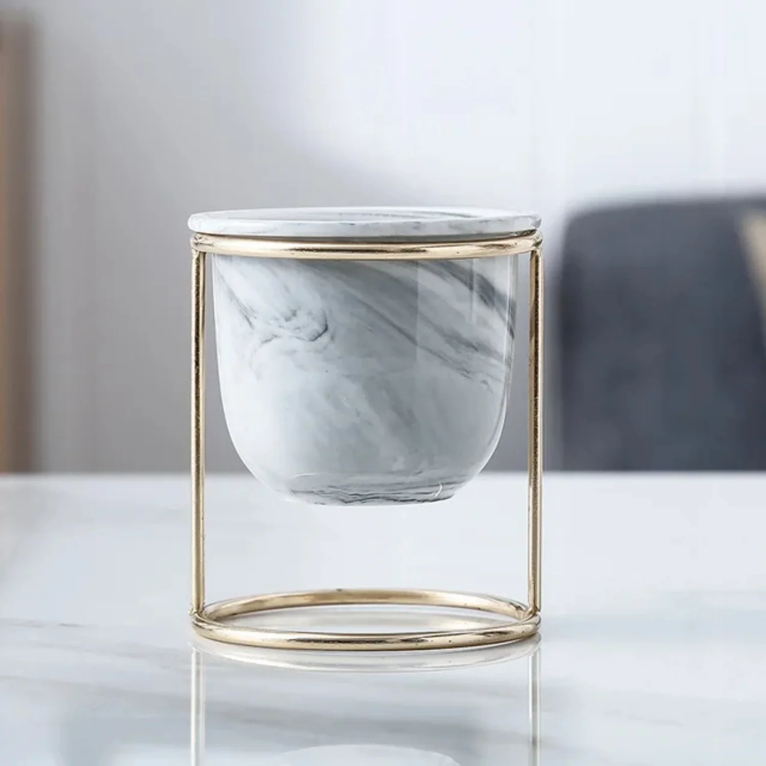 Wholesale Nordic Style Marbled Gold Ceramic Flower Pot Decor Iron Frame Vaso Para Bonsai Balcony and Cactus Plant Pots