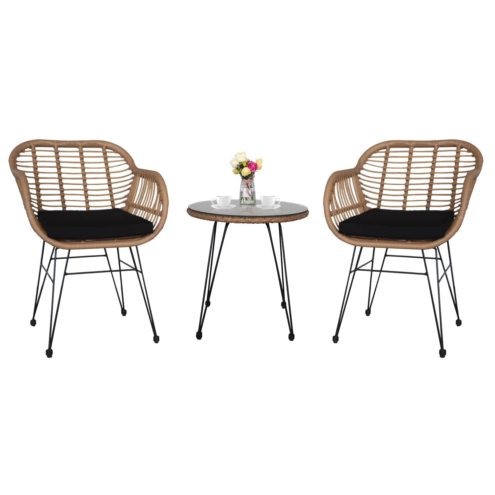 UBesGoo 3 Pieces Wicker Rattan Patio Conversation Set with Tempered Glass Table,Flaxen Yellow