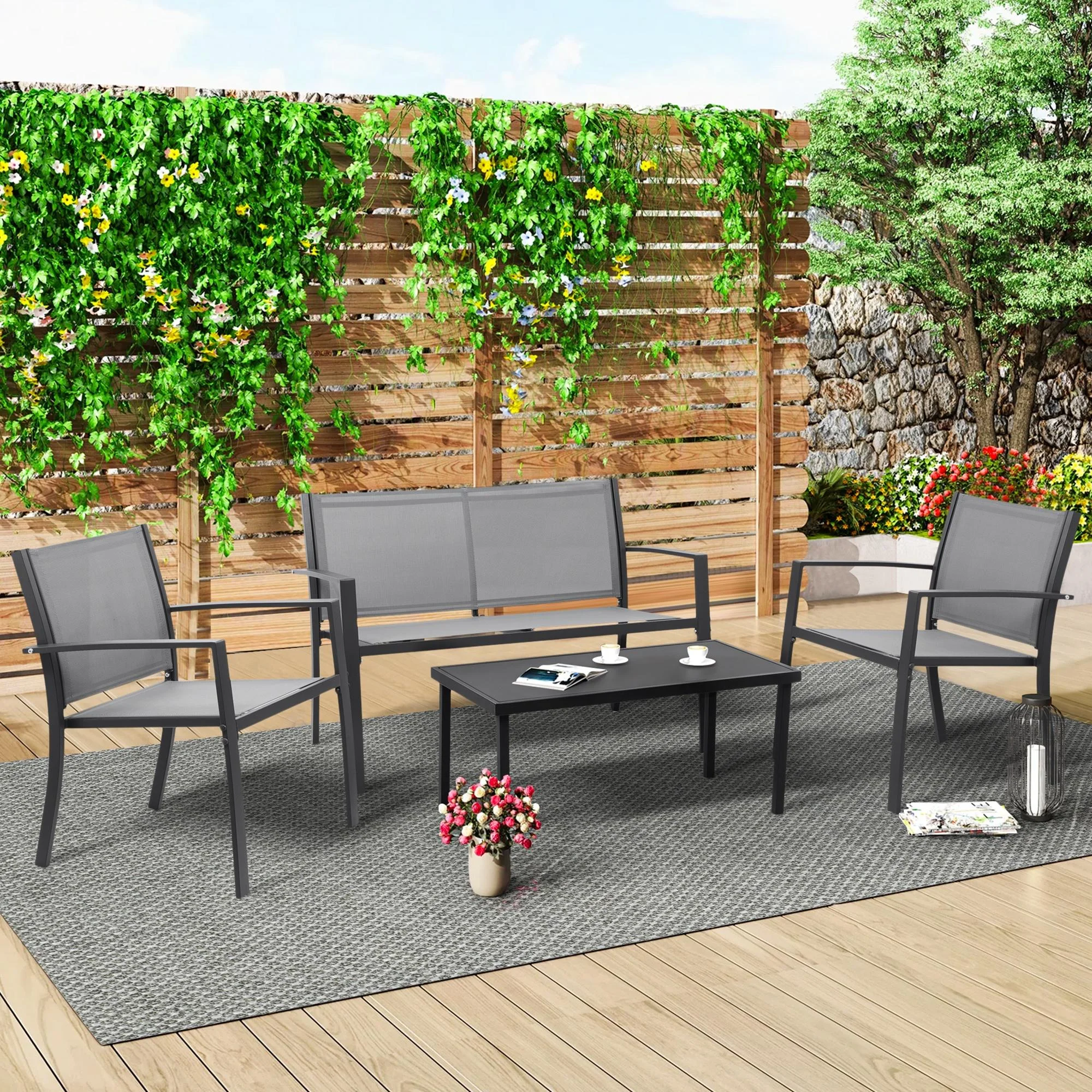 4-Piece Outdoor Patio Furniture Set, Textilene Patio Conversation Set on Sale, Small Sectional Sofa with Glass Table, Max Weight 600LBS, Garden Porch Backyard Balcony Furniture, Gray