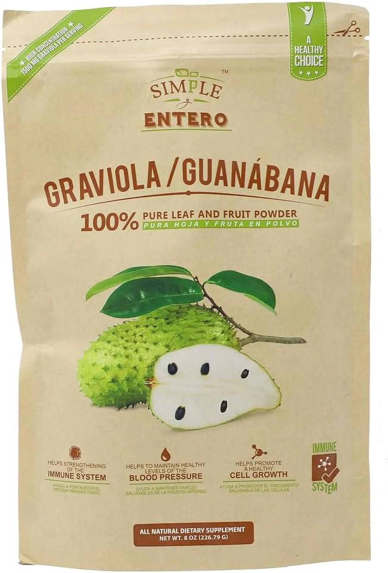 Simple y Entero Graviola/Guanabana, 100% Pure Leaf Powder, Helps You Boost Your Immune System, Vegan, 8 Oz, Bag