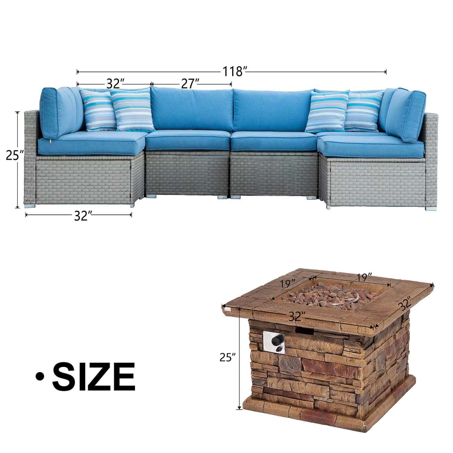 COSIEST 7 Piece 6-Seaters Fire Pit Outdoor Furniture Set Wicker Gray Sectional Sofas