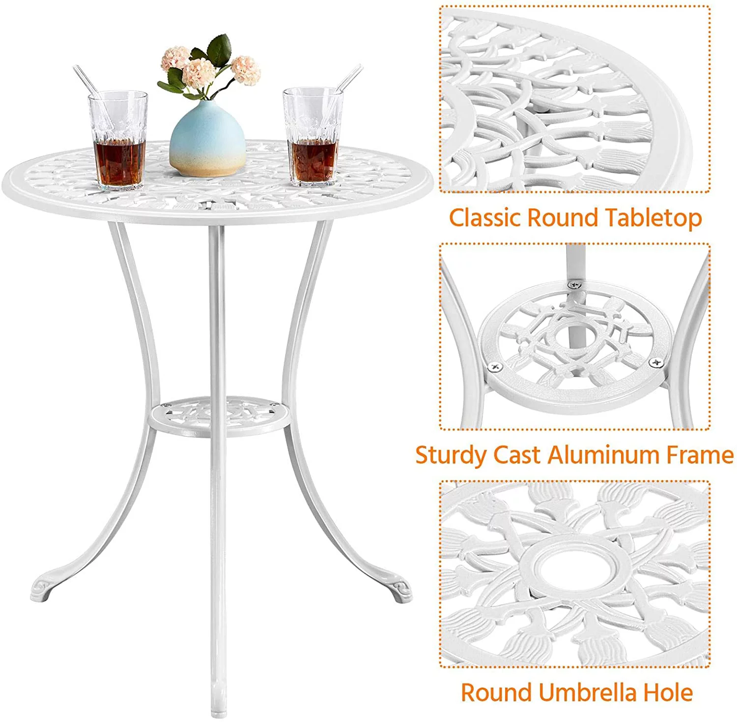 Yaheetech Patio Bistro Sets 3 Piece, Outdoor Rust-Resistant Cast Aluminum Garden Table and Chairs, White