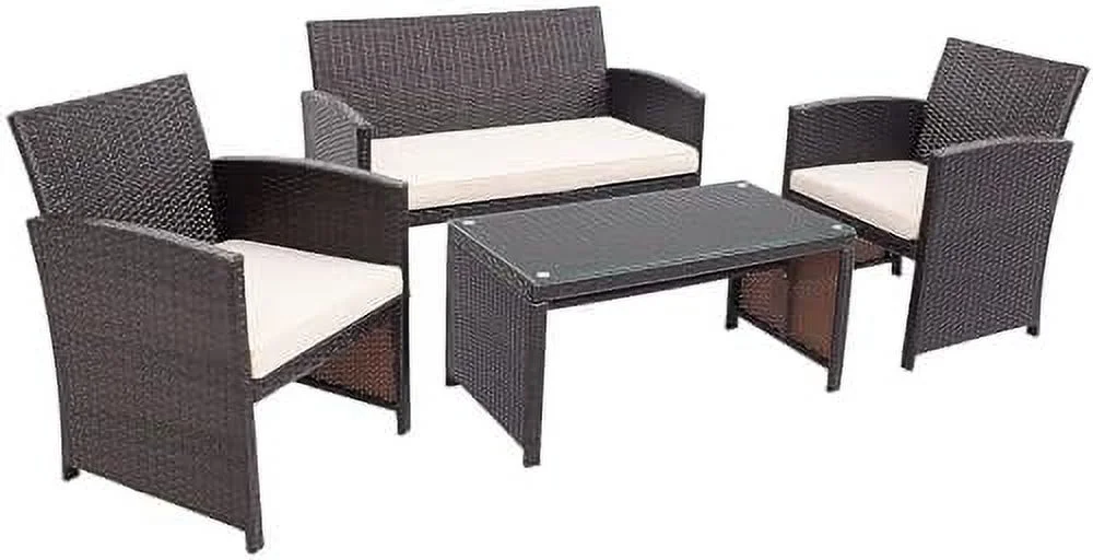 ZFGSUIJN 4 Pieces Wicker Patio  Set  Outdoor PE Rattan Conversation Set with Chairs  Loveseat  Coffee Table  Cushions for Poolside  Red