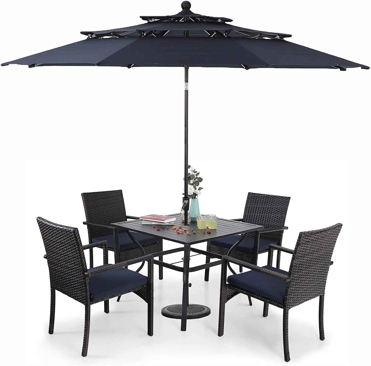 & William Outdoor 6 Pieces Dining Set with 4 Rattan Chairs  1 Metal Table and 1 10ft 3 Tier Auto-tilt Umbrella(No Base) Orange Red  Modern Patio Furniture for Poolside  Porch  Patio