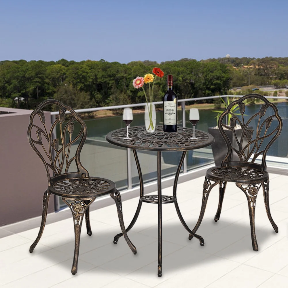 Zateety 2pcs single chairs and 1pc round table set Aluminum Iron Tulip Rose Shape Bronze Casting Set, Outdoor