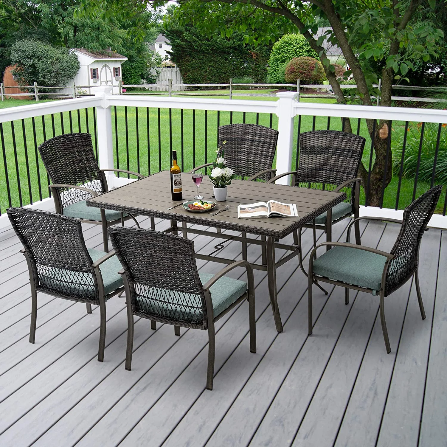 Patio Dining Table Set  Garden Dining Set 7 Piece  Outdoor Wicker Furniture Set for Backyard Garden Deck Poolside/Iron Slats Table Top  Removable Cushions(Green)