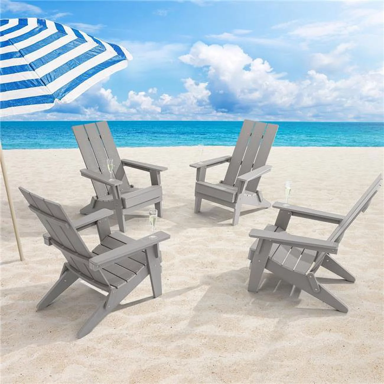 Light Gray Folding Adirondack Chair, Waterproof HIPS High Load Capacity Patio Chair With Wide Armrests (4-Pack)