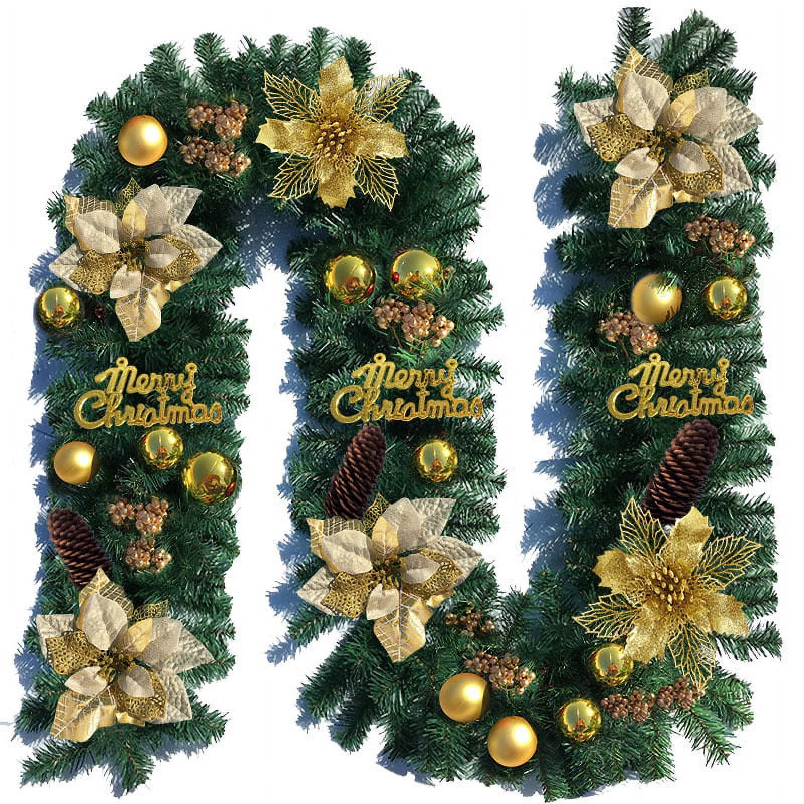 9ft Christmas Garland with Lights Pine Garland with Red Berry for Christmas Decoration Outdoor Indoor Stairs Fireplace Home Holiday A2