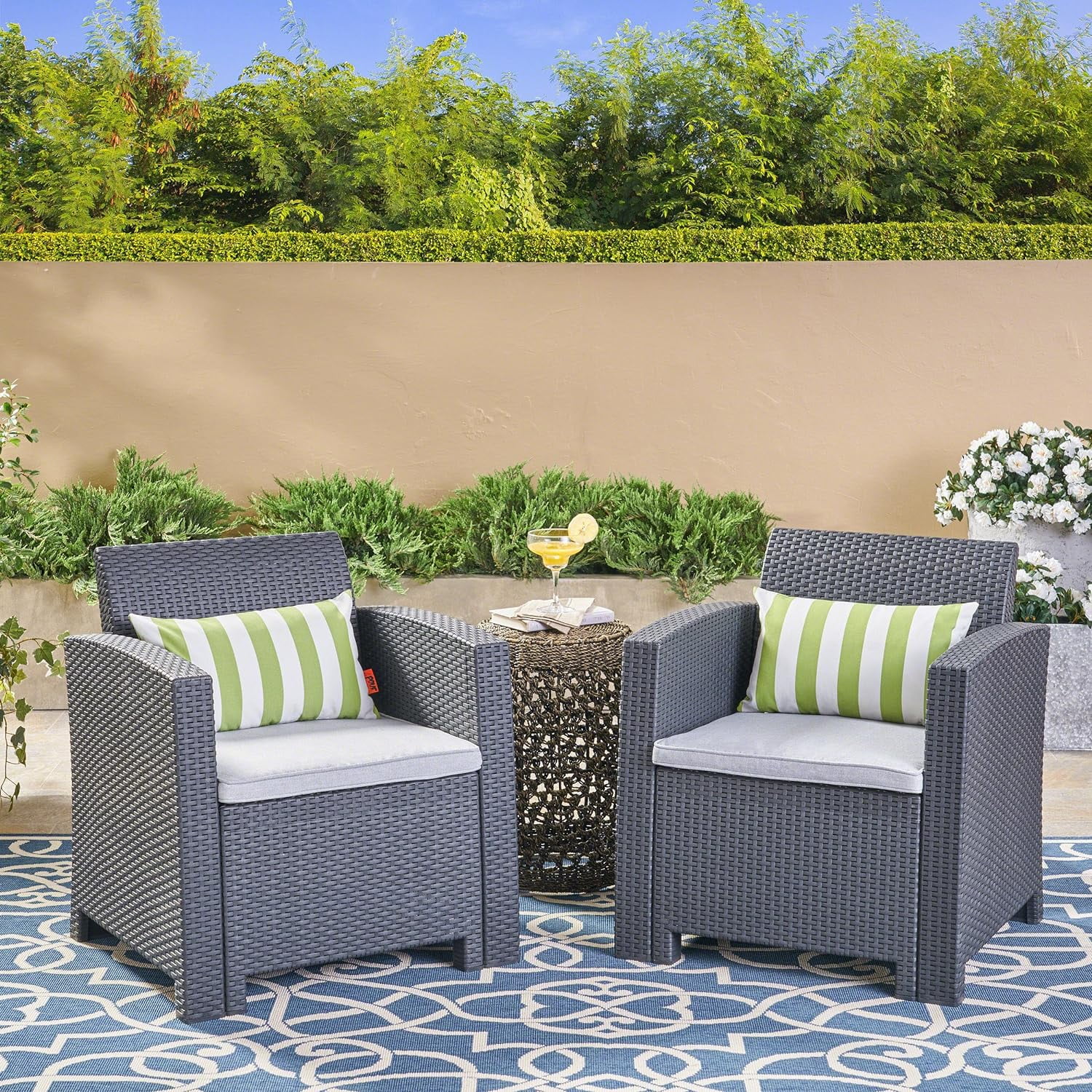 Fiona Outdoor Brown Faux Wicker Club Chairs With Mixed Beige Water Resistant Cushions (Set Of 2)