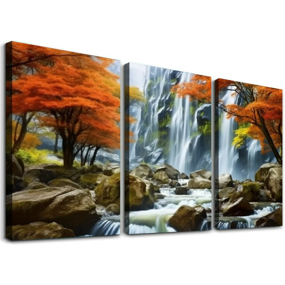 HOMICOZI Autumn Forest Canvas Wall Art Waterfall Art Prints Artwork Nature Wall Decor Framed Pictures for Living Room12''x16''X3 Panels