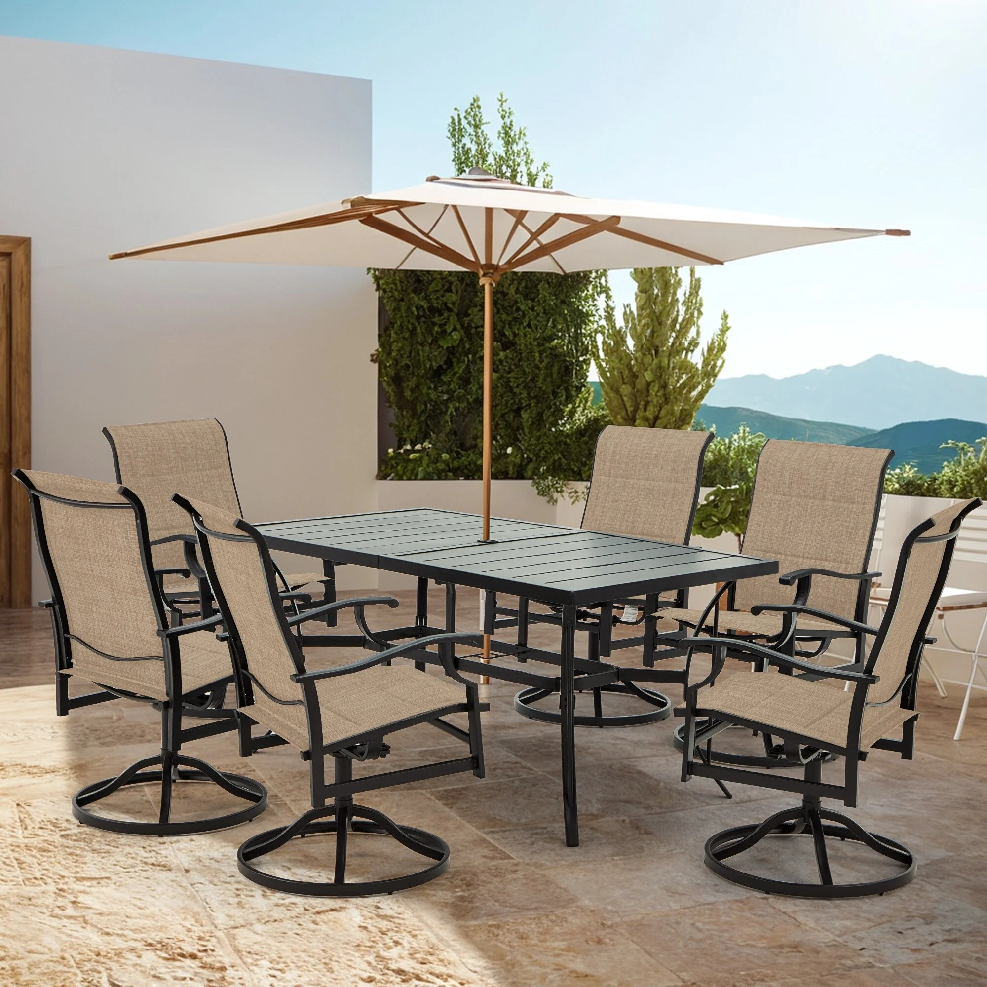 Erommy  Outdoor Patio Dining Sets, Metal Frame Reinforcement for Backyard, Porch, Lawn, Party and Garden,Gray 7-Pc Swivel Brown