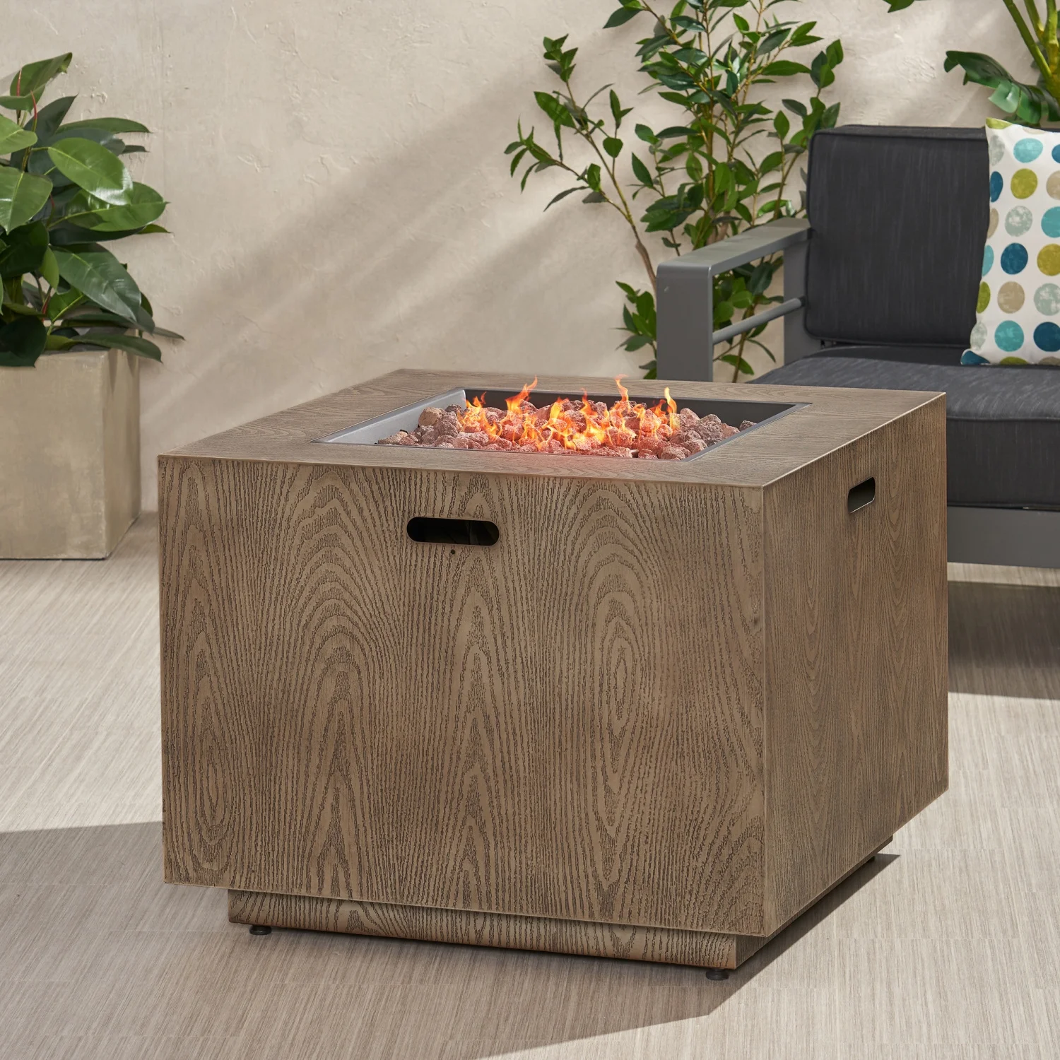 Outdoor Patio Gas Burning Fire Pit - 50  000 BTU Tank Inside  Square  Iron Wood Pattern  Brown