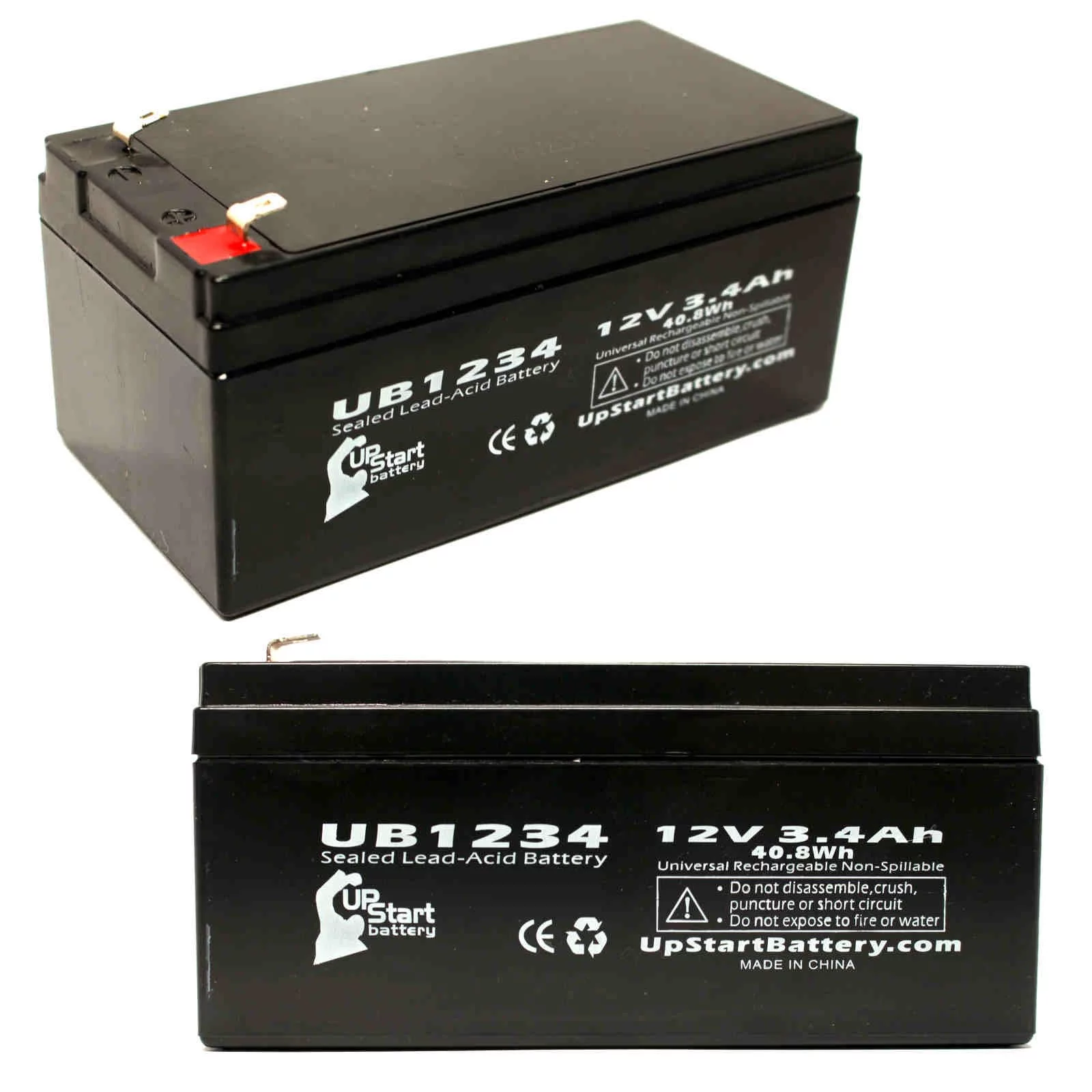 2x Pack - Hitachi HP3-12 Battery Replacement - UB1234 Universal Sealed Lead Acid Battery (12V, 3.4Ah, 3400mAh, F1 Terminal, AGM, SLA) - Includes 4 F1 to F2 Terminal Adapters