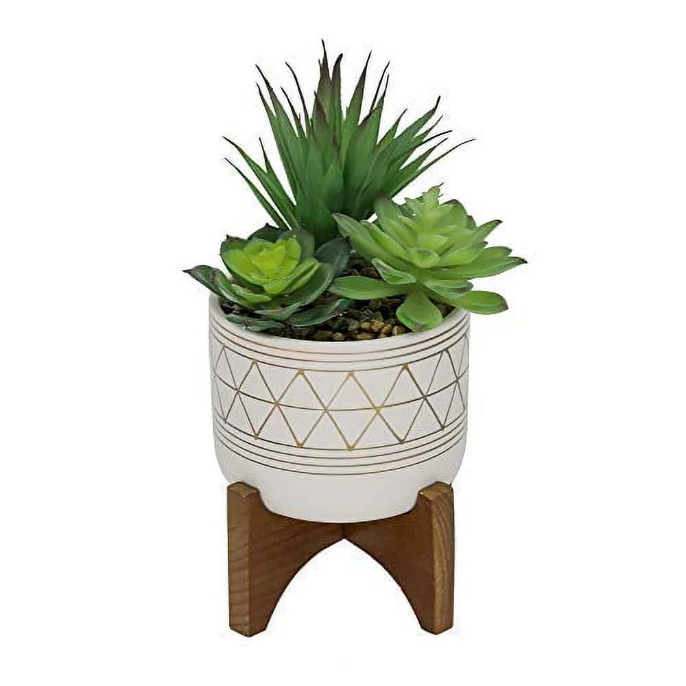 Flora Bunda Inc 5-in. White/Goldtone Geometric Ceramic/Wood Planter Gold