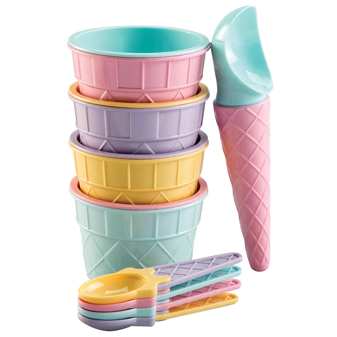 9pc Ice Cream Social Set, Made of Durable BPA-Free Plastic, Violet/Turquoise/Pink/Yellow Designs - Dishwasher Safe, by Chef's Pride