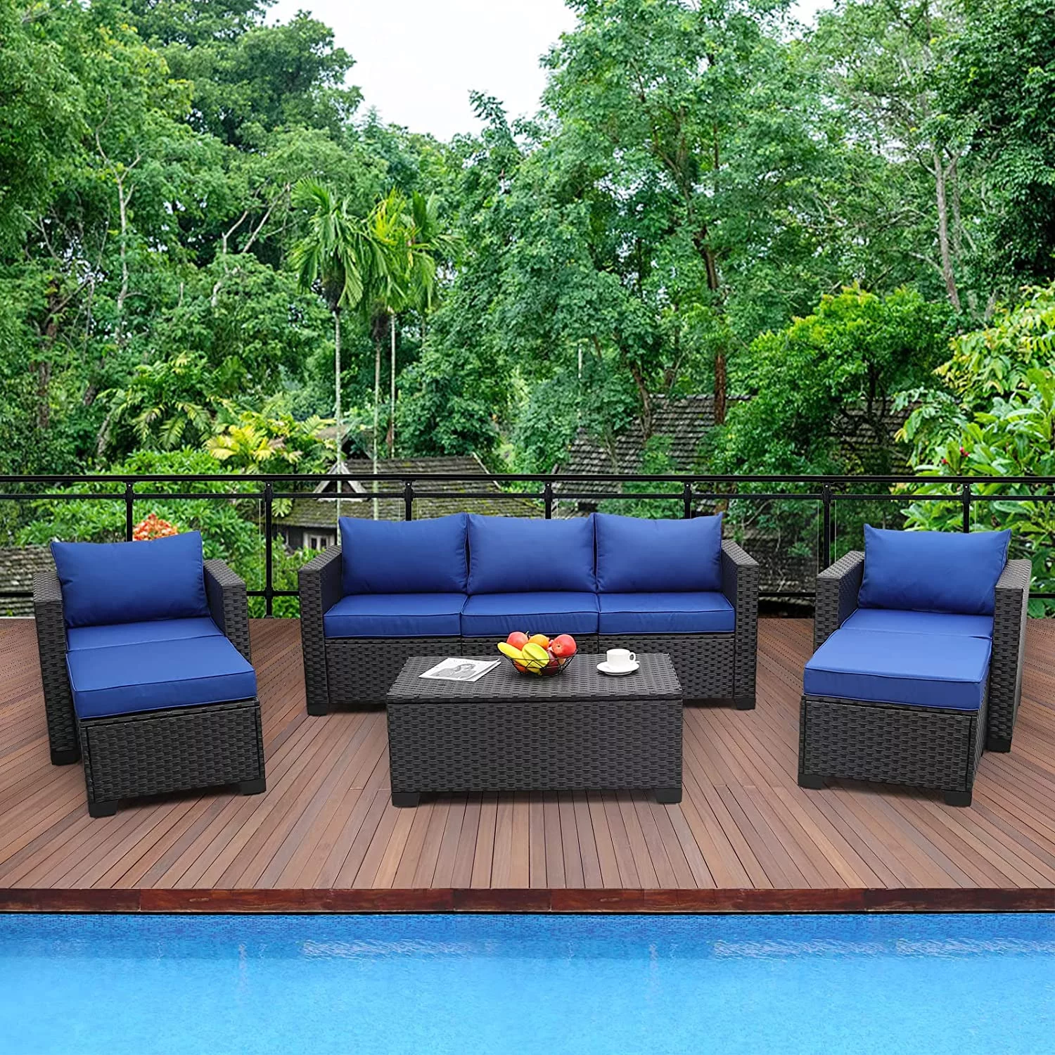 Pieces Patio Wicker Furniture Set Outdoor PE Rattan Conversation Couch Sectional Chair Sofa Set with Royal Blue Cushion