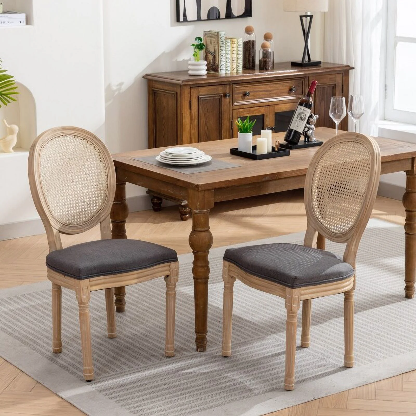 French Style Dining Chairs Set of 2 with Solid Wood Frame and Linen Fabric Rattan Back Beige