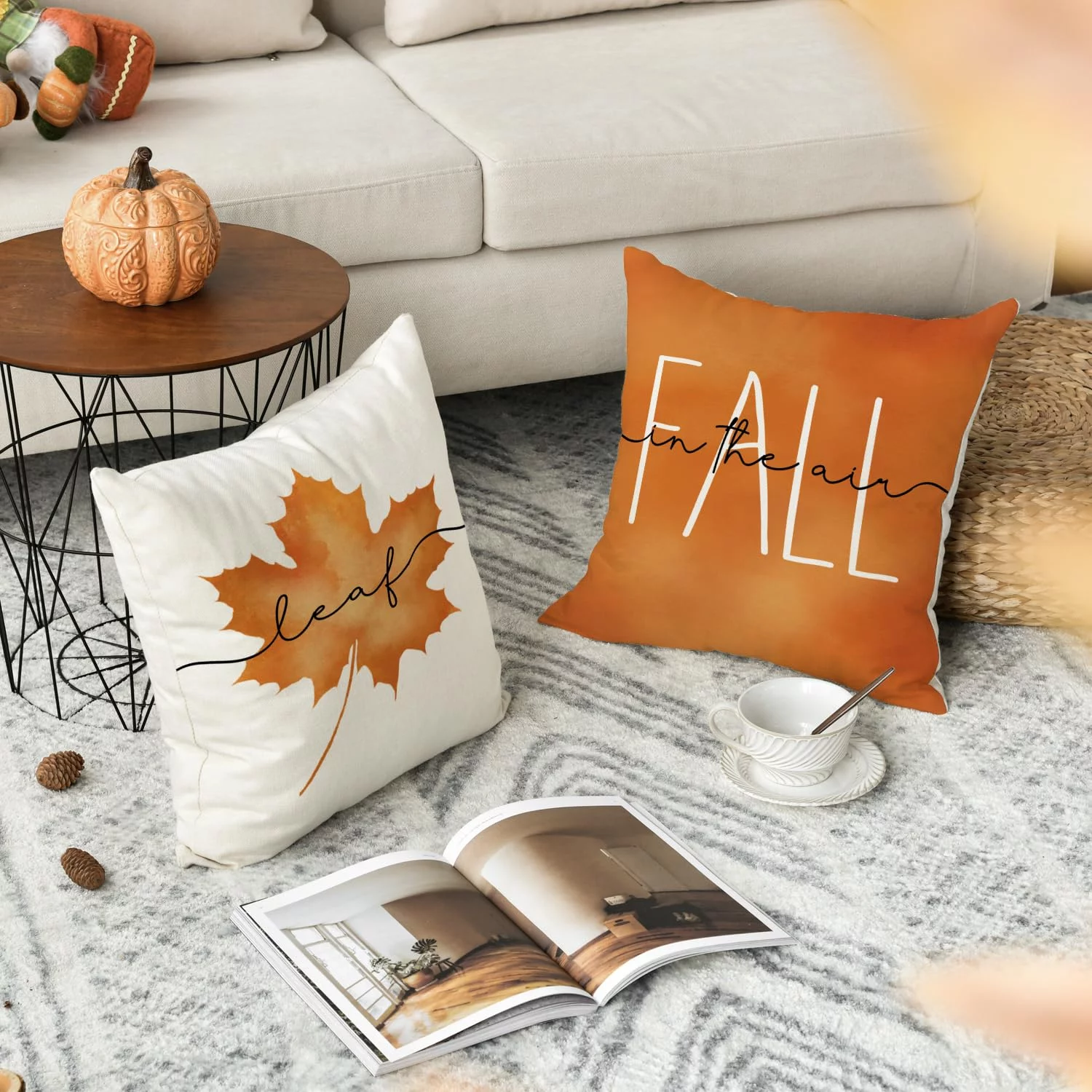 Smile Fall Throw Pillow Covers 18 x 18 Set of 4 Maple Leaf Hello Pumpkin Blue
