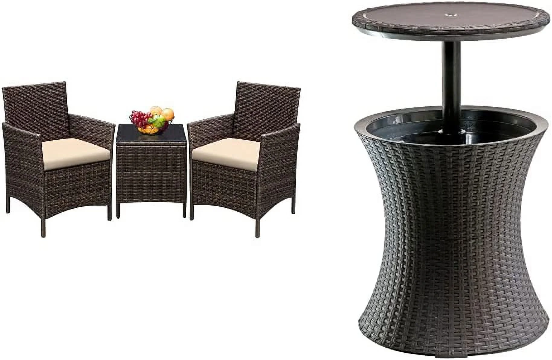 3 Pieces Patio  PE Rattan Wicker Chair Conversation Set  Brown and Beige