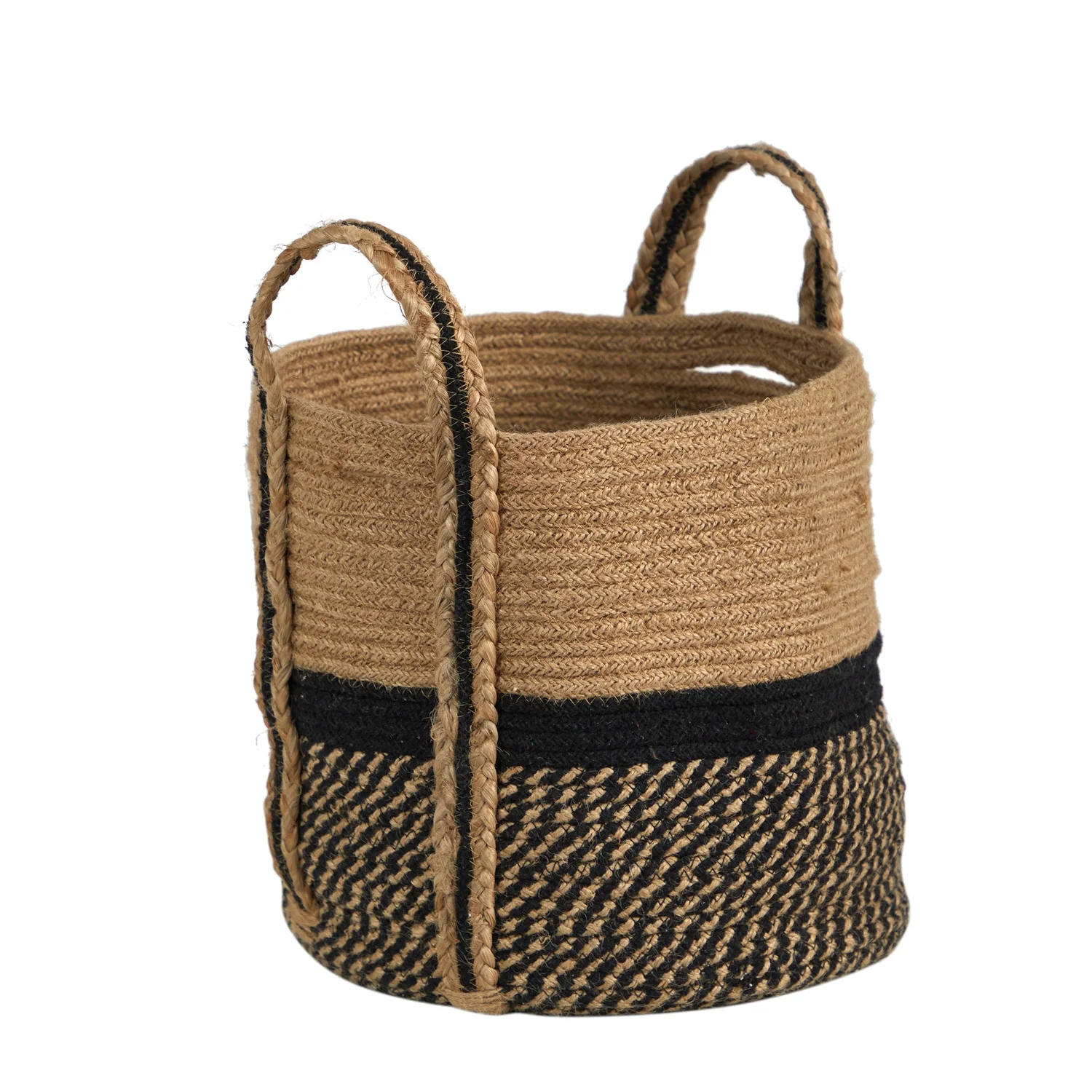 Nearly Natural 13in. Boho Chic Basket  Jute Basket Planter, Black Bottom  Top with Handles